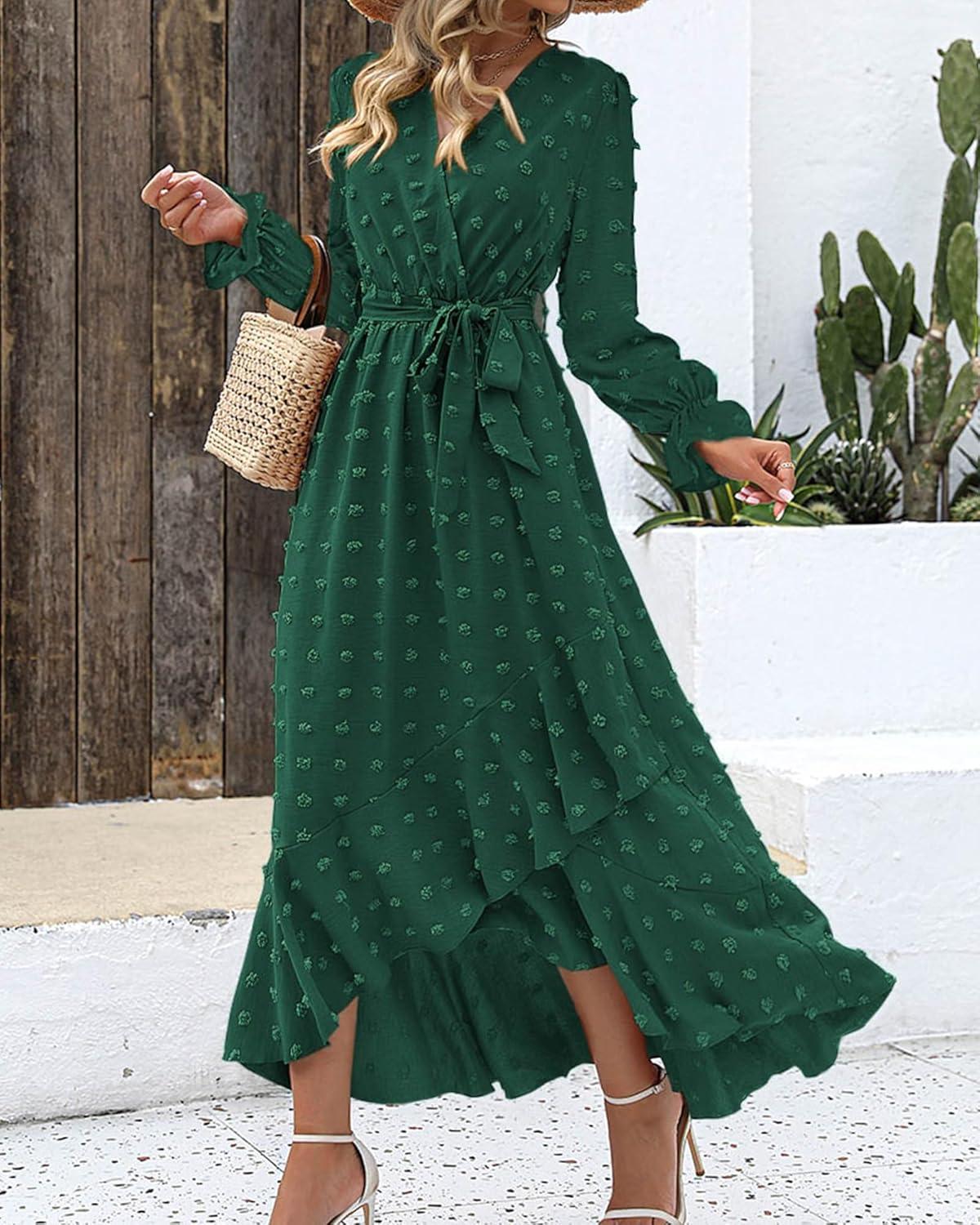 imageBTFBM Long Sleeve Maxi Dresses for Women V Neck Swiss Dot Boho Flowy Slit Cocktail Wedding Guest Dress Fall Clothes 2025Dark Green