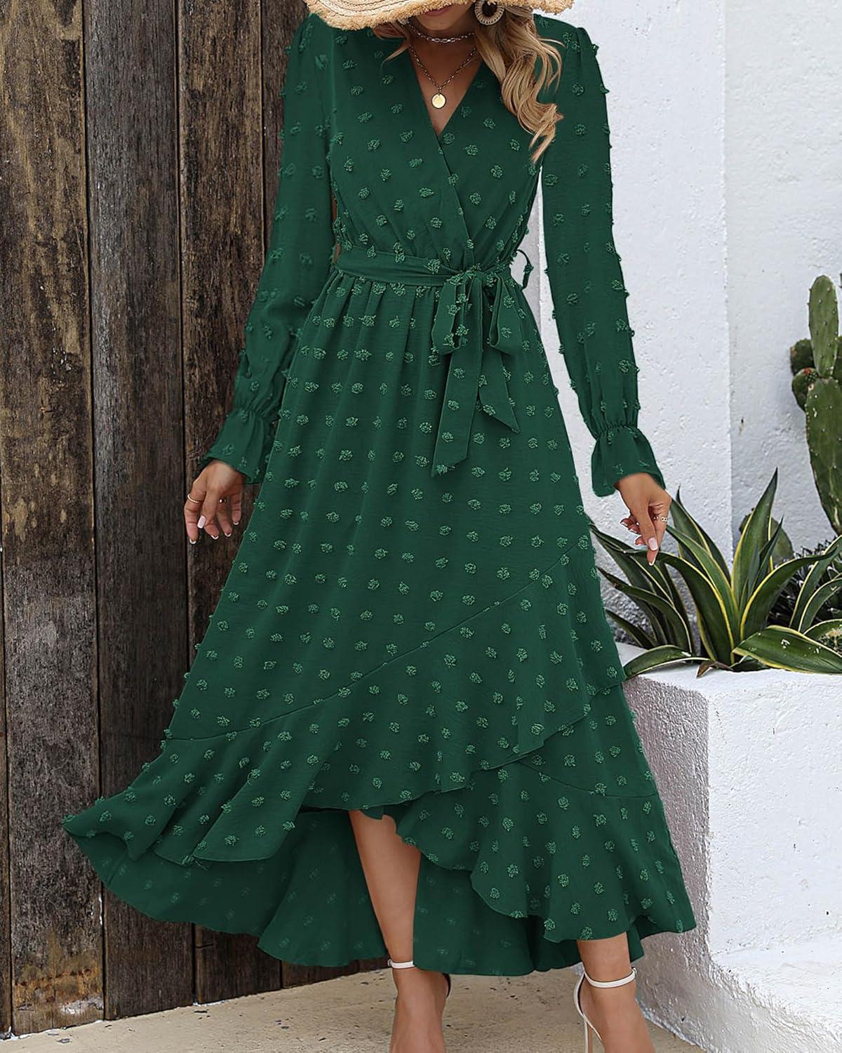 imageBTFBM Long Sleeve Maxi Dresses for Women V Neck Swiss Dot Boho Flowy Slit Cocktail Wedding Guest Dress Fall Clothes 2025Dark Green
