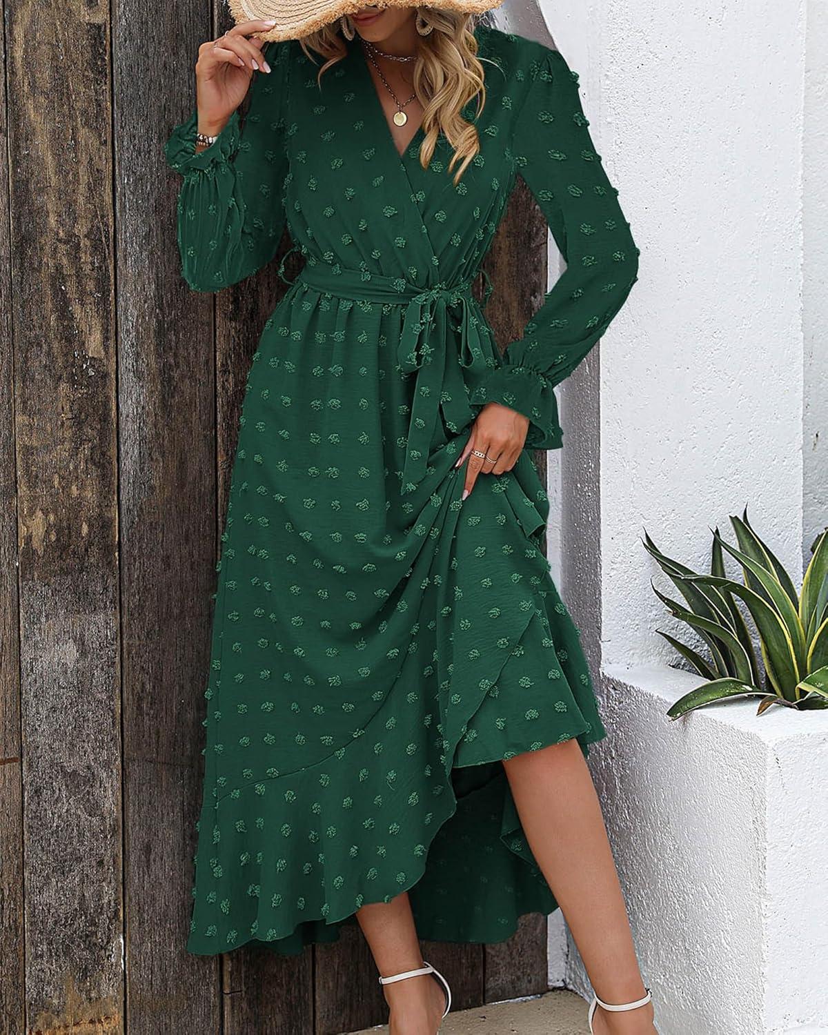 imageBTFBM Long Sleeve Maxi Dresses for Women V Neck Swiss Dot Boho Flowy Slit Cocktail Wedding Guest Dress Fall Clothes 2025Dark Green
