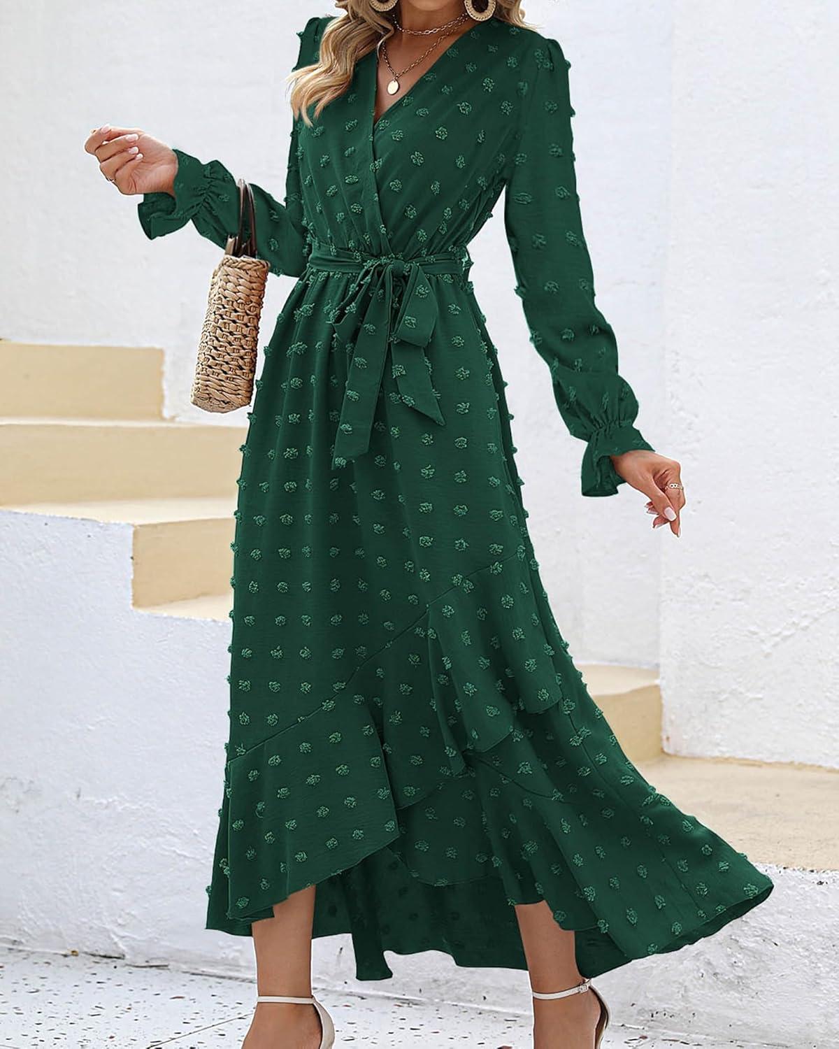 imageBTFBM Long Sleeve Maxi Dresses for Women V Neck Swiss Dot Boho Flowy Slit Cocktail Wedding Guest Dress Fall Clothes 2025Dark Green