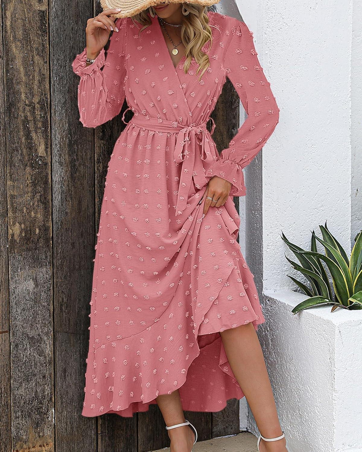 imageBTFBM Long Sleeve Maxi Dresses for Women V Neck Swiss Dot Boho Flowy Slit Cocktail Wedding Guest Dress Fall Clothes 2025Light Pink