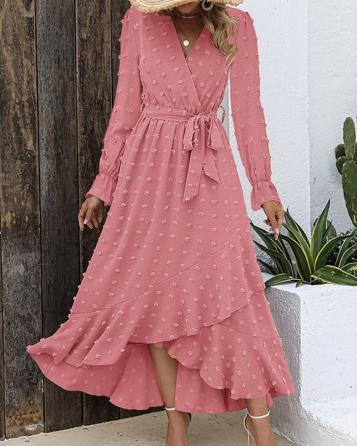 imageBTFBM Long Sleeve Maxi Dresses for Women V Neck Swiss Dot Boho Flowy Slit Cocktail Wedding Guest Dress Fall Clothes 2025Light Pink