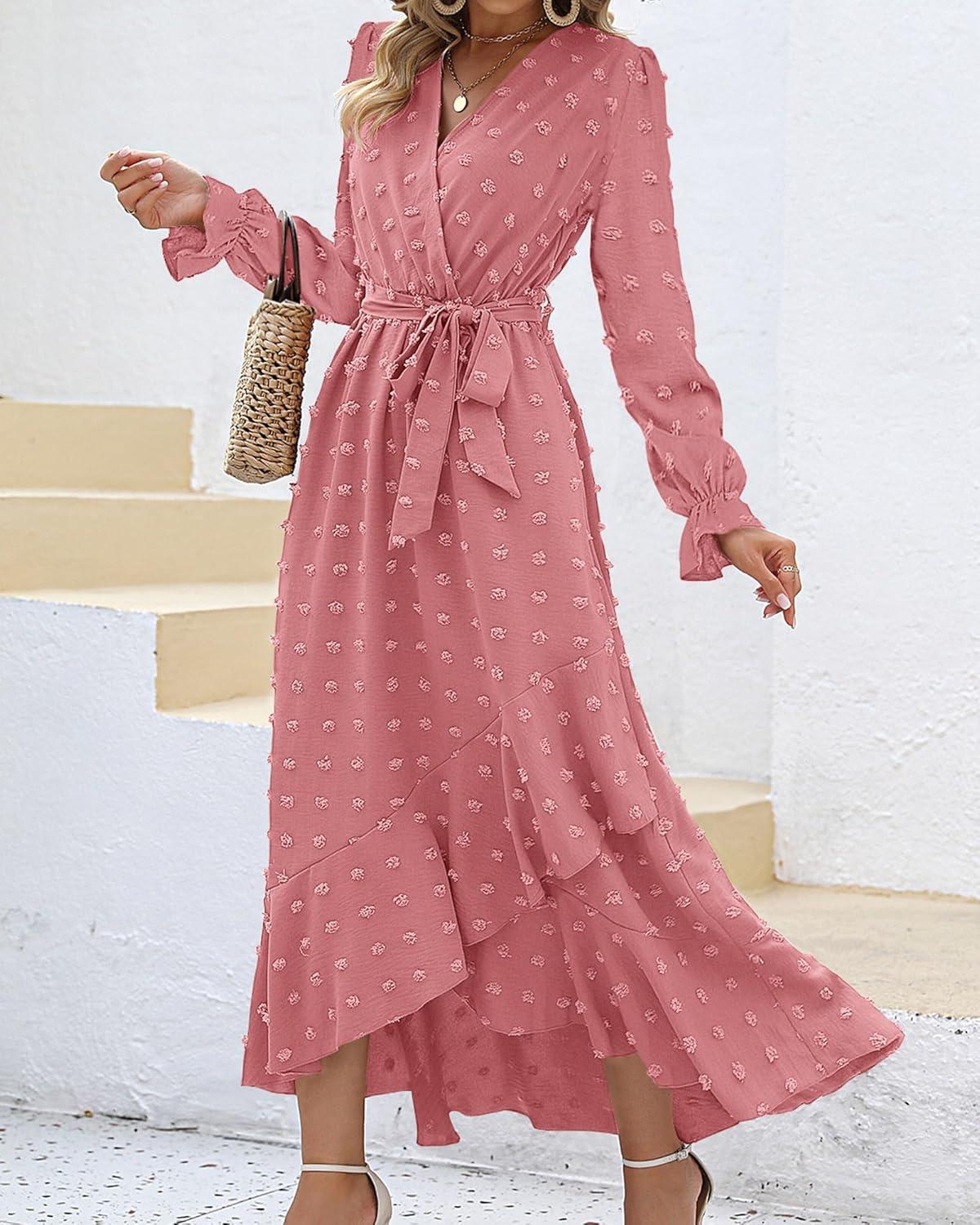 imageBTFBM Long Sleeve Maxi Dresses for Women V Neck Swiss Dot Boho Flowy Slit Cocktail Wedding Guest Dress Fall Clothes 2025Light Pink