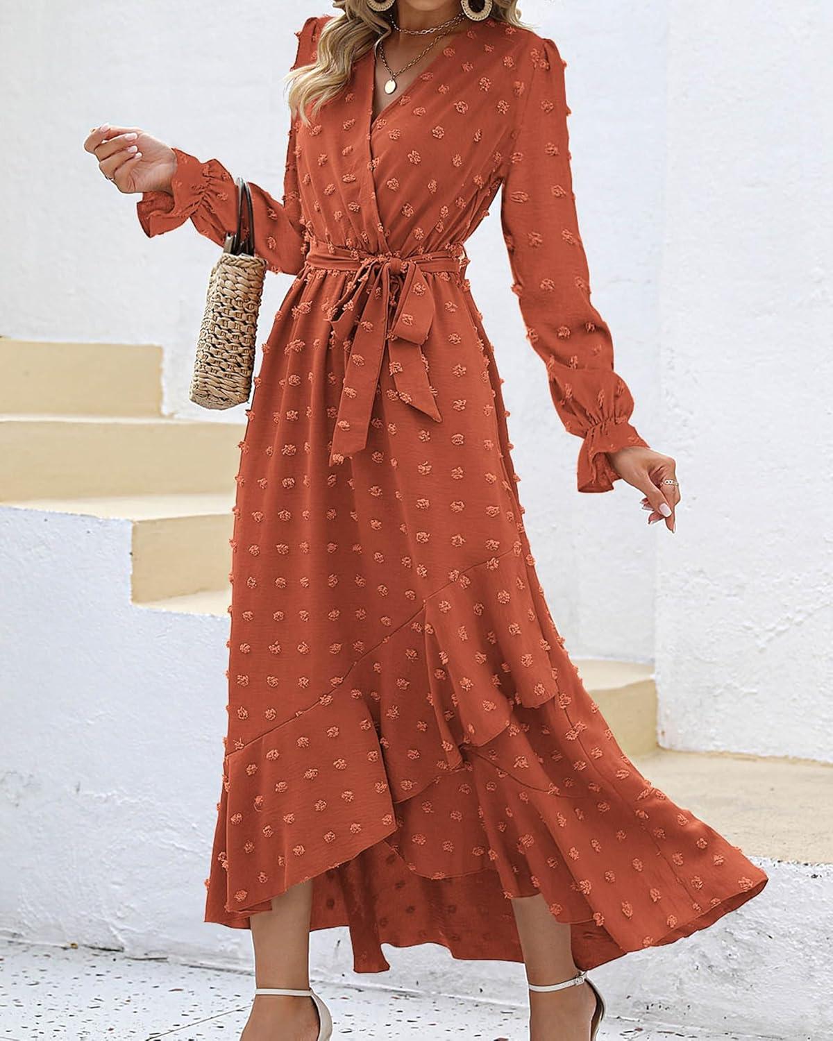 imageBTFBM Long Sleeve Maxi Dresses for Women V Neck Swiss Dot Boho Flowy Slit Cocktail Wedding Guest Dress Fall Clothes 2025Orange