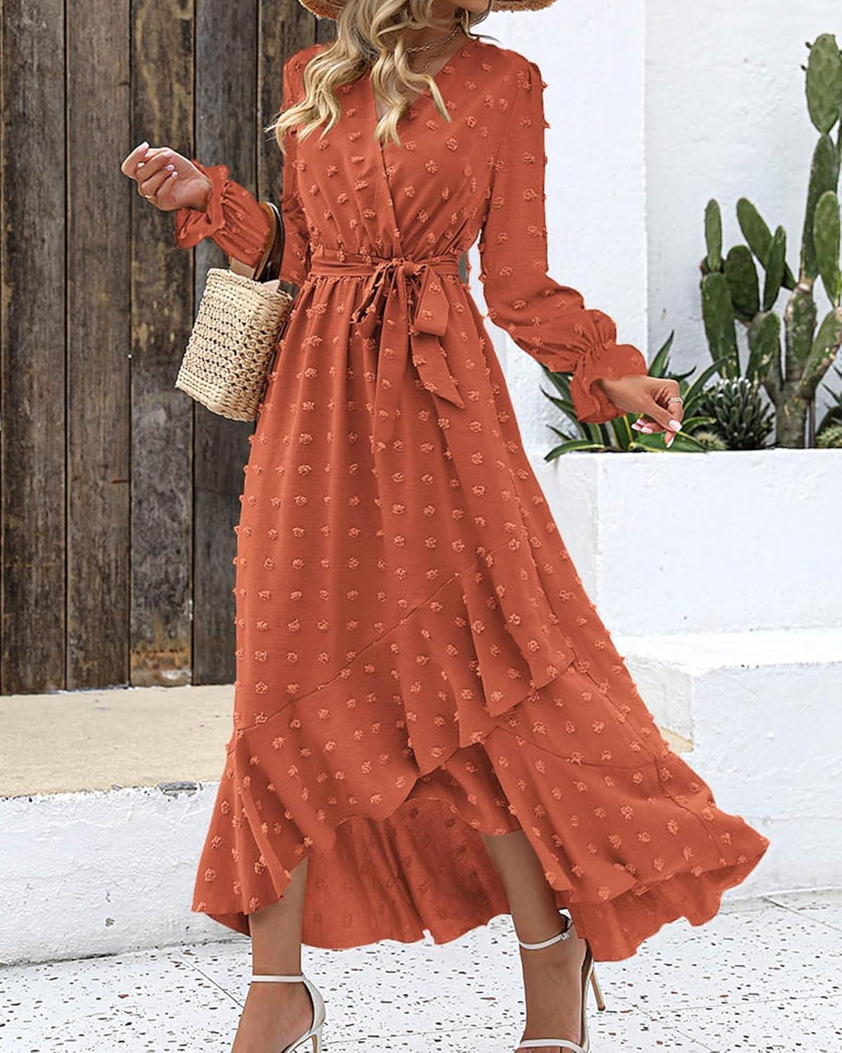 imageBTFBM Long Sleeve Maxi Dresses for Women V Neck Swiss Dot Boho Flowy Slit Cocktail Wedding Guest Dress Fall Clothes 2025Orange