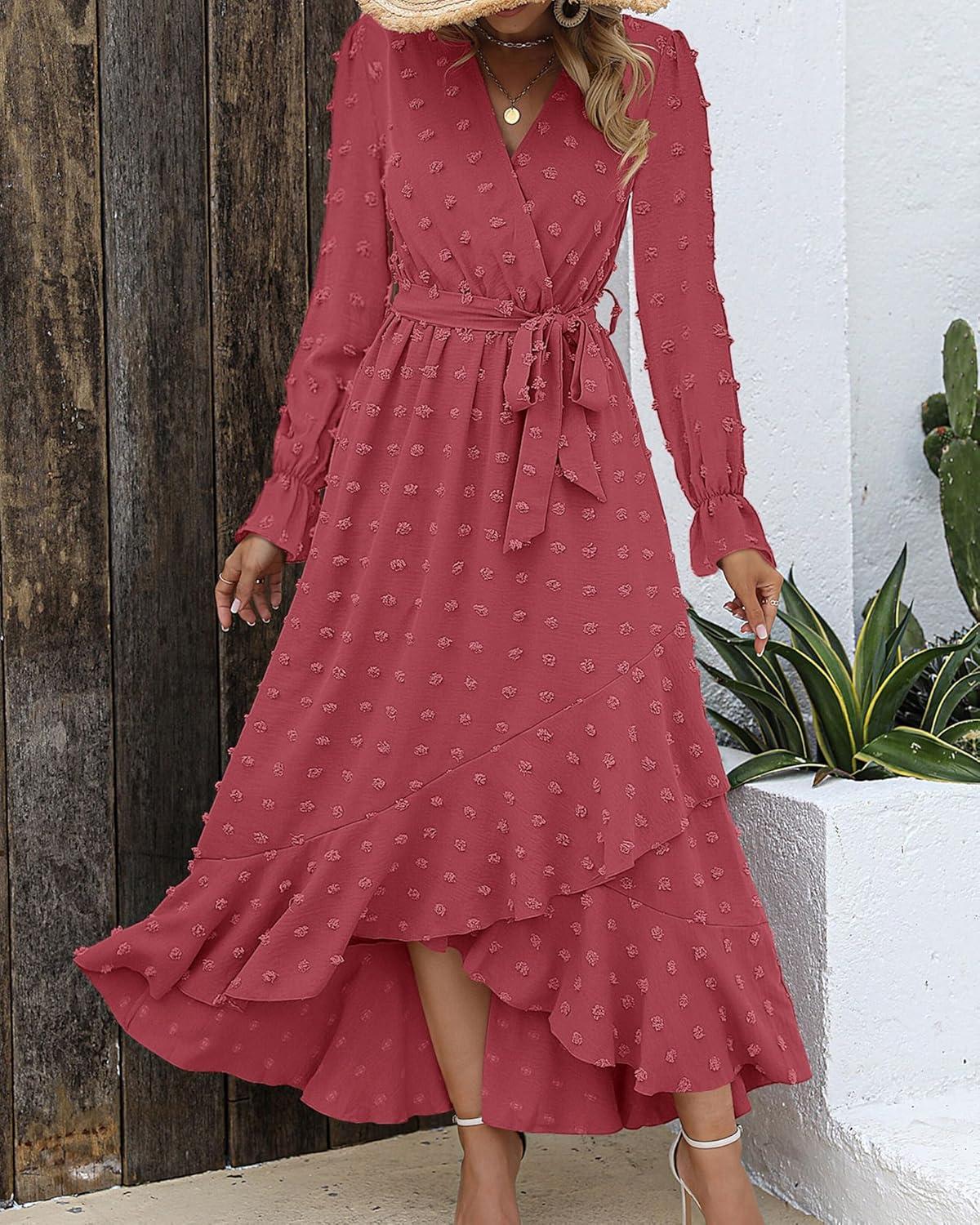 imageBTFBM Long Sleeve Maxi Dresses for Women V Neck Swiss Dot Boho Flowy Slit Cocktail Wedding Guest Dress Fall Clothes 2025Pink