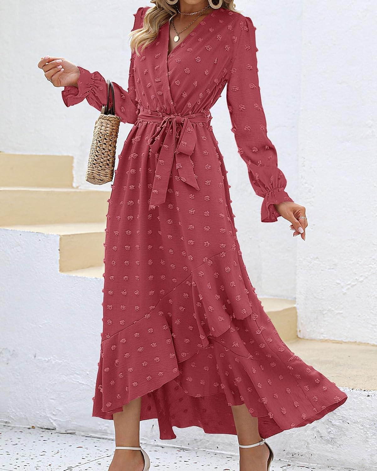imageBTFBM Long Sleeve Maxi Dresses for Women V Neck Swiss Dot Boho Flowy Slit Cocktail Wedding Guest Dress Fall Clothes 2025Pink