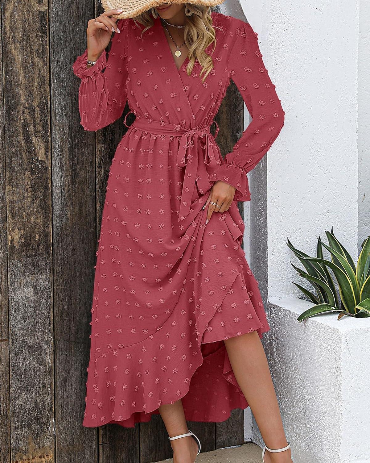 imageBTFBM Long Sleeve Maxi Dresses for Women V Neck Swiss Dot Boho Flowy Slit Cocktail Wedding Guest Dress Fall Clothes 2025Pink