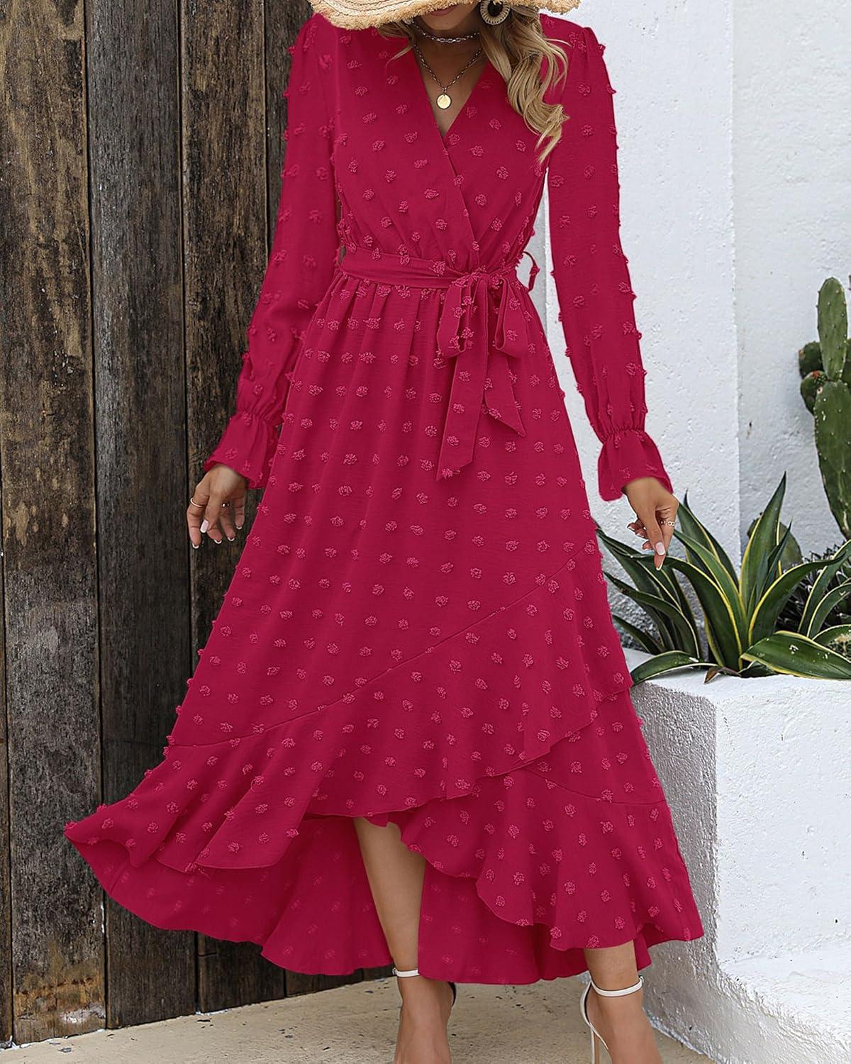 imageBTFBM Long Sleeve Maxi Dresses for Women V Neck Swiss Dot Boho Flowy Slit Cocktail Wedding Guest Dress Fall Clothes 2025Rose Red