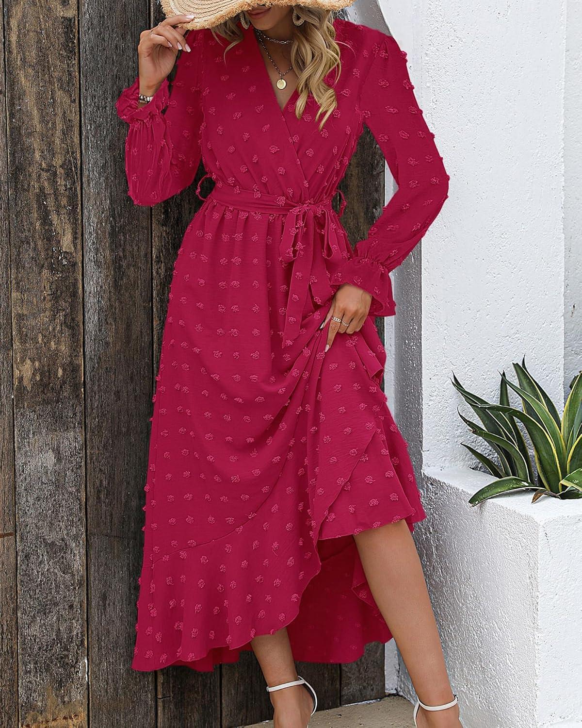 imageBTFBM Long Sleeve Maxi Dresses for Women V Neck Swiss Dot Boho Flowy Slit Cocktail Wedding Guest Dress Fall Clothes 2025Rose Red