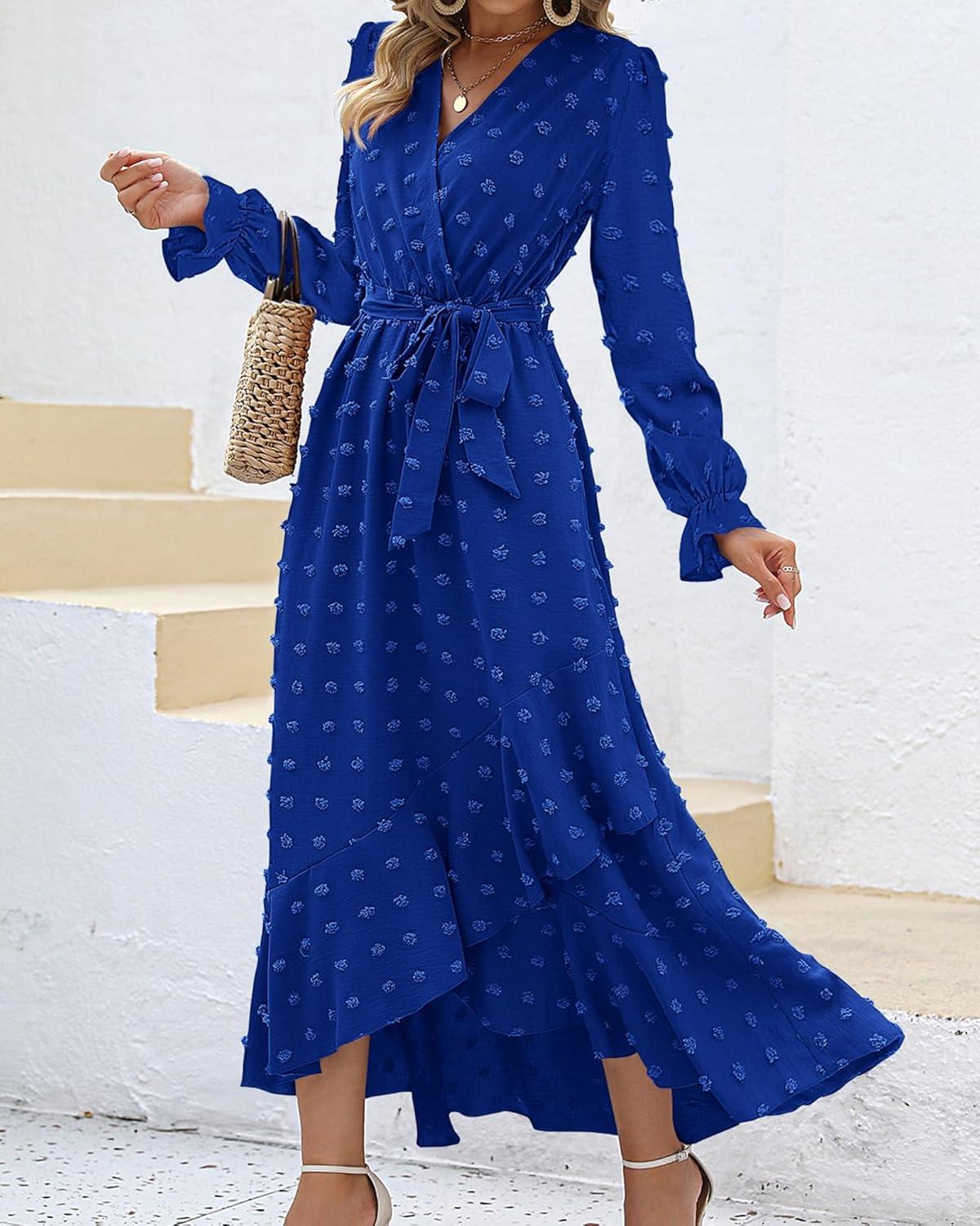 imageBTFBM Long Sleeve Maxi Dresses for Women V Neck Swiss Dot Boho Flowy Slit Cocktail Wedding Guest Dress Fall Clothes 2025Royal Blue