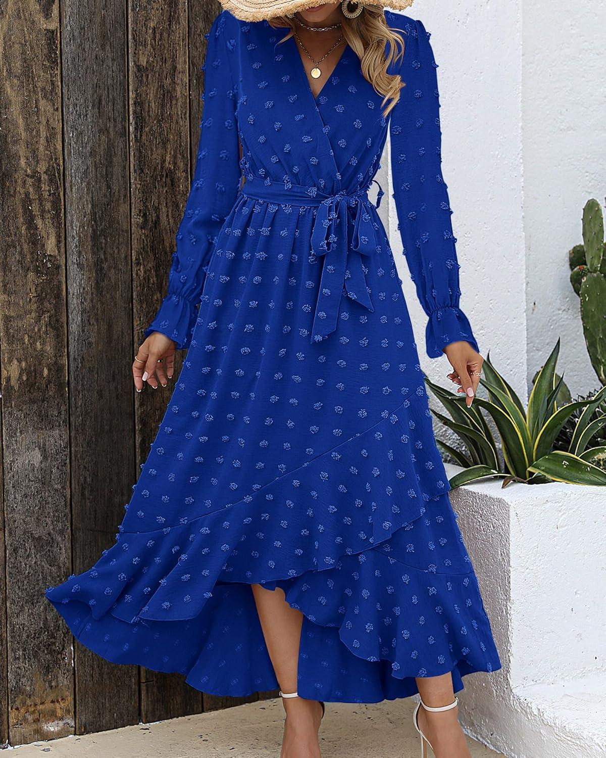 imageBTFBM Long Sleeve Maxi Dresses for Women V Neck Swiss Dot Boho Flowy Slit Cocktail Wedding Guest Dress Fall Clothes 2025Royal Blue