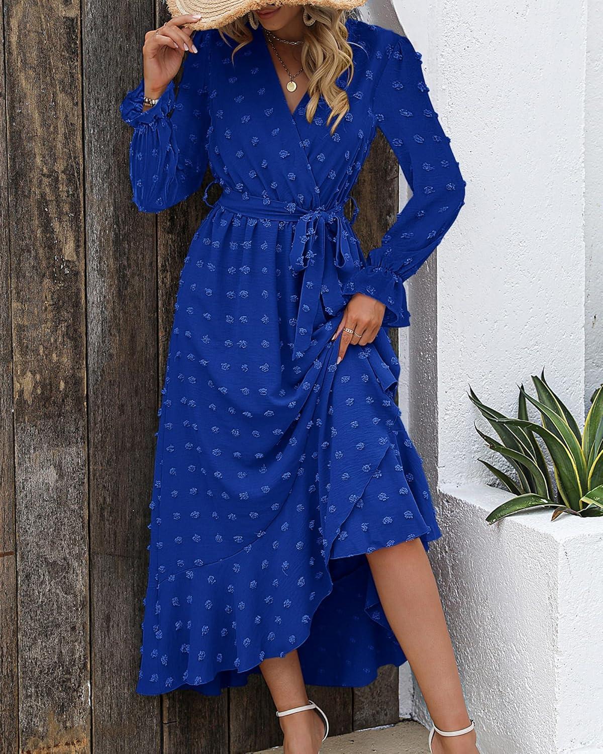 imageBTFBM Long Sleeve Maxi Dresses for Women V Neck Swiss Dot Boho Flowy Slit Cocktail Wedding Guest Dress Fall Clothes 2025Royal Blue