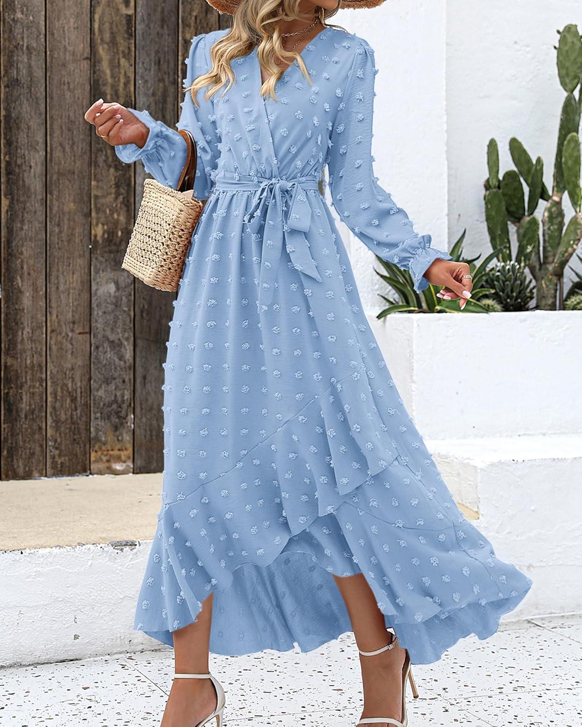 imageBTFBM Long Sleeve Maxi Dresses for Women V Neck Swiss Dot Boho Flowy Slit Cocktail Wedding Guest Dress Fall Clothes 2025Sky Blue
