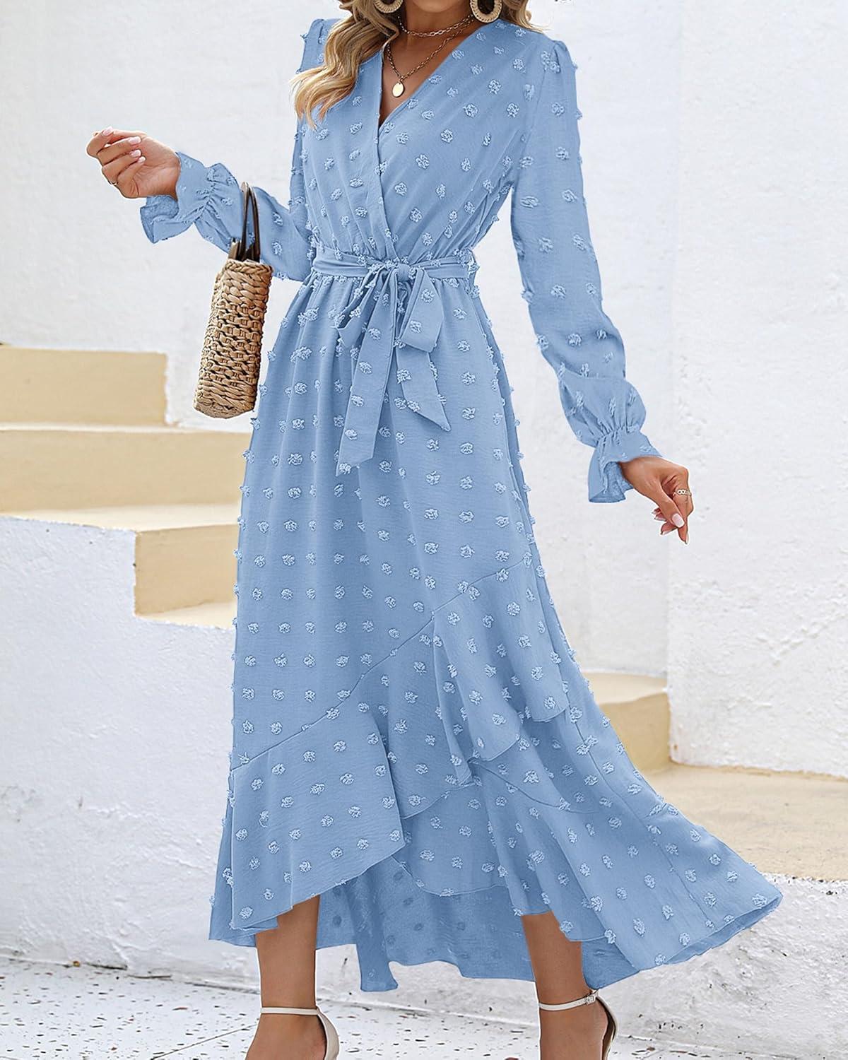 imageBTFBM Long Sleeve Maxi Dresses for Women V Neck Swiss Dot Boho Flowy Slit Cocktail Wedding Guest Dress Fall Clothes 2025Sky Blue