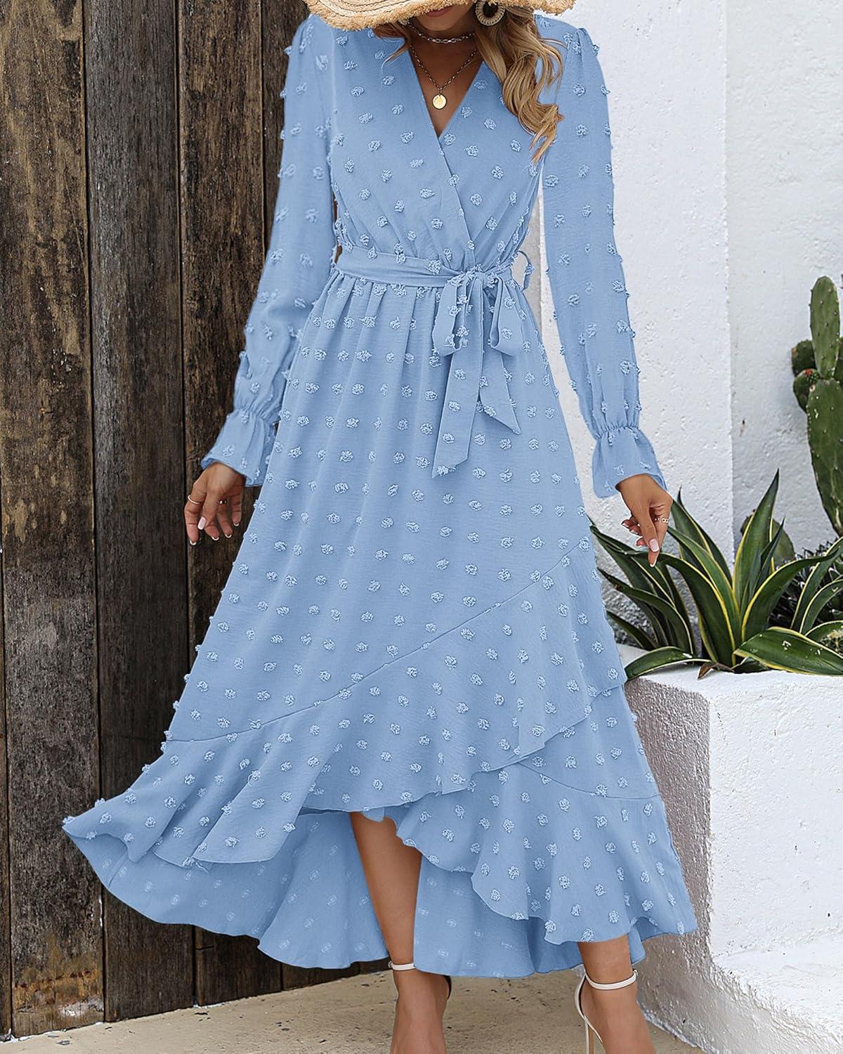 imageBTFBM Long Sleeve Maxi Dresses for Women V Neck Swiss Dot Boho Flowy Slit Cocktail Wedding Guest Dress Fall Clothes 2025Sky Blue