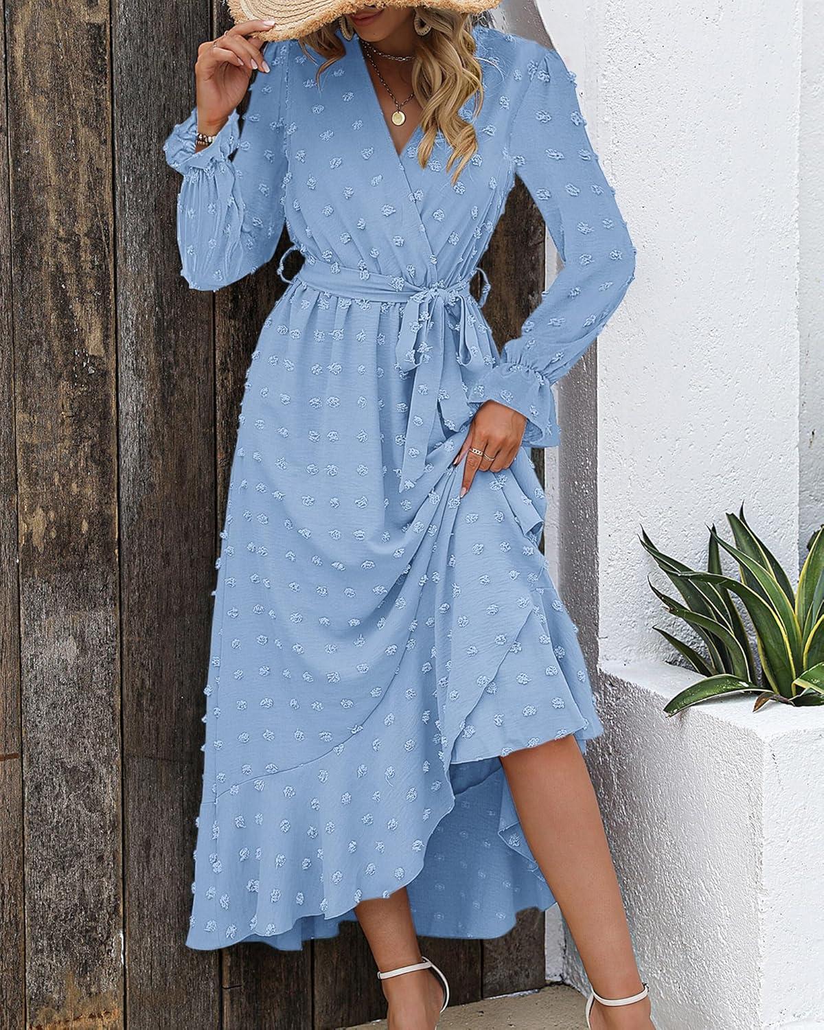 imageBTFBM Long Sleeve Maxi Dresses for Women V Neck Swiss Dot Boho Flowy Slit Cocktail Wedding Guest Dress Fall Clothes 2025Sky Blue