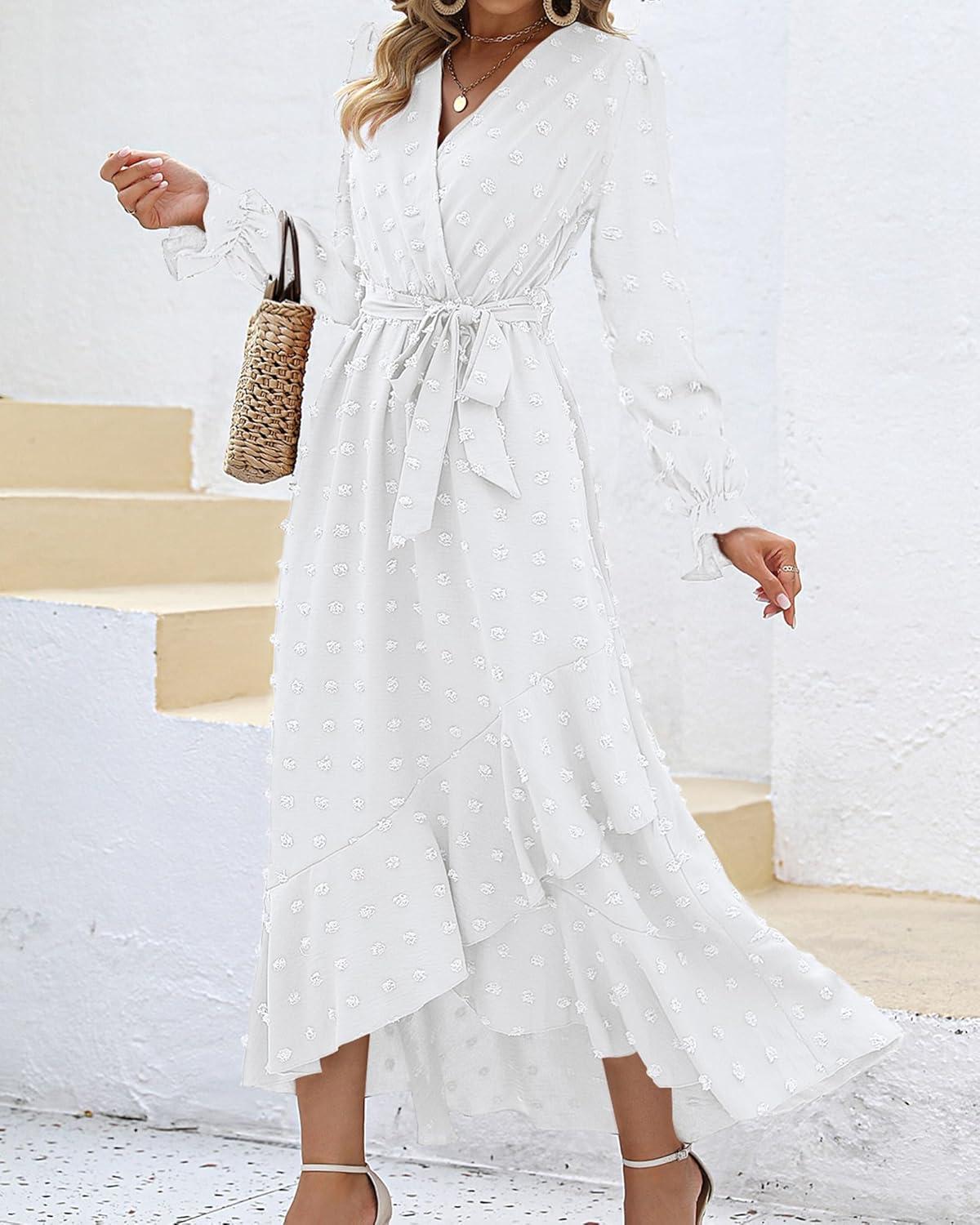 imageBTFBM Long Sleeve Maxi Dresses for Women V Neck Swiss Dot Boho Flowy Slit Cocktail Wedding Guest Dress Fall Clothes 2025White