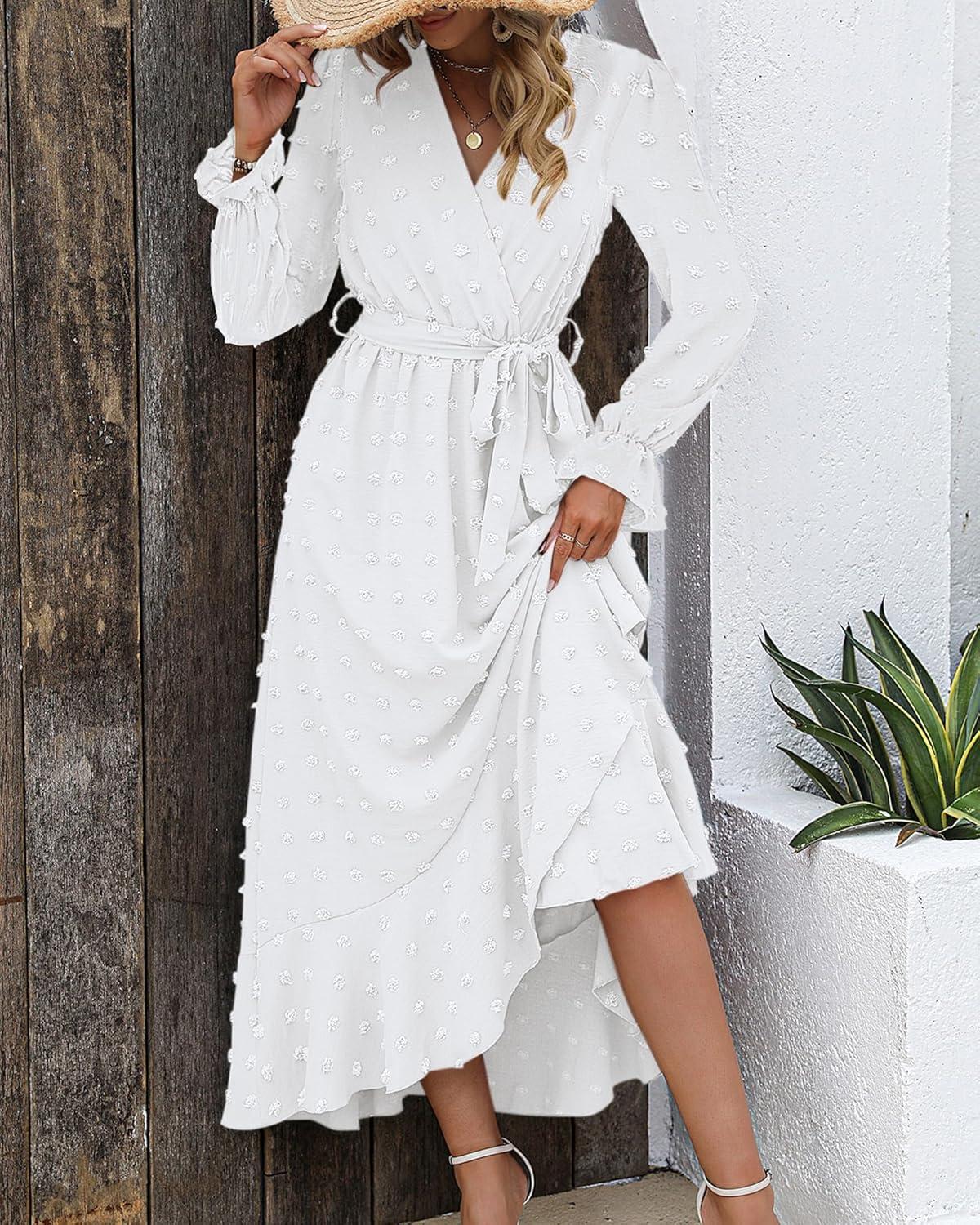 imageBTFBM Long Sleeve Maxi Dresses for Women V Neck Swiss Dot Boho Flowy Slit Cocktail Wedding Guest Dress Fall Clothes 2025White