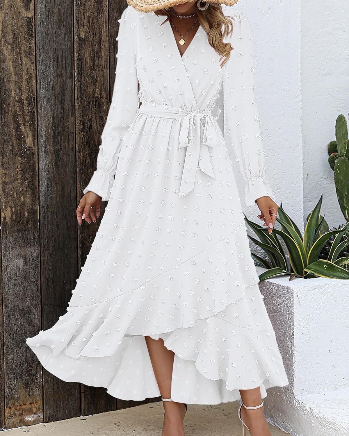 imageBTFBM Long Sleeve Maxi Dresses for Women V Neck Swiss Dot Boho Flowy Slit Cocktail Wedding Guest Dress Fall Clothes 2025White
