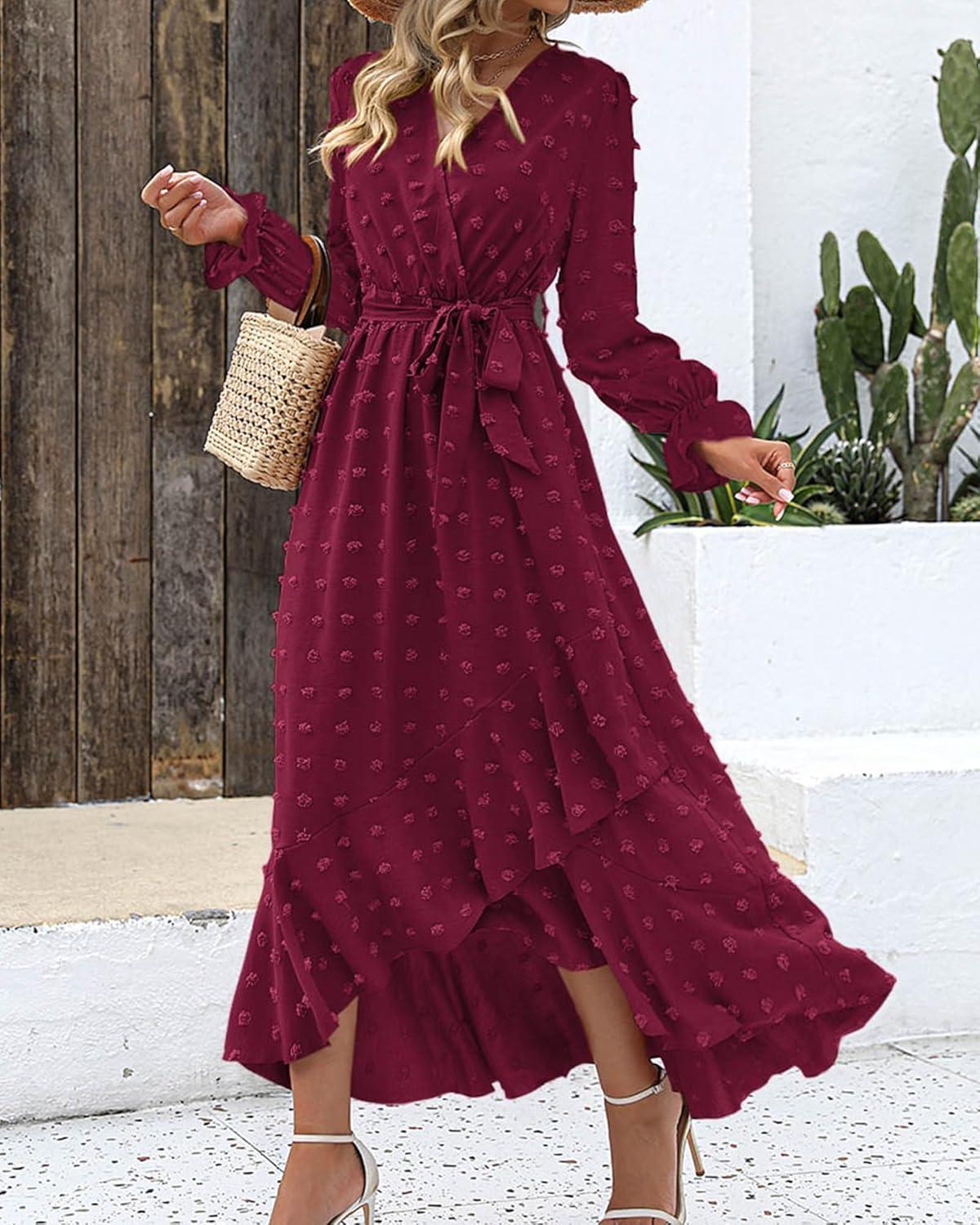 imageBTFBM Long Sleeve Maxi Dresses for Women V Neck Swiss Dot Boho Flowy Slit Cocktail Wedding Guest Dress Fall Clothes 2025Wine Red