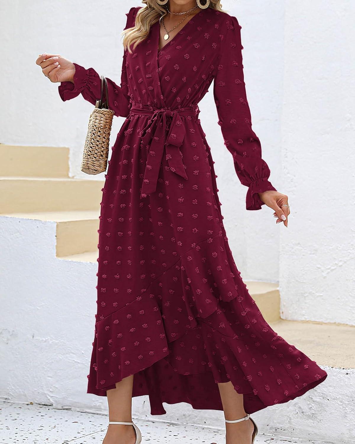 imageBTFBM Long Sleeve Maxi Dresses for Women V Neck Swiss Dot Boho Flowy Slit Cocktail Wedding Guest Dress Fall Clothes 2025Wine Red