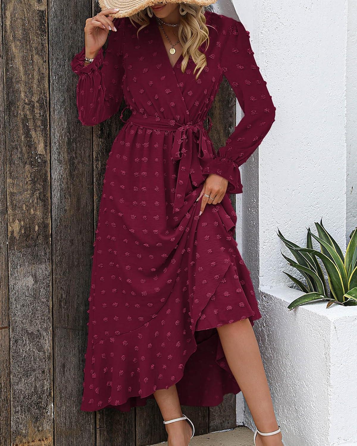 imageBTFBM Long Sleeve Maxi Dresses for Women V Neck Swiss Dot Boho Flowy Slit Cocktail Wedding Guest Dress Fall Clothes 2025Wine Red