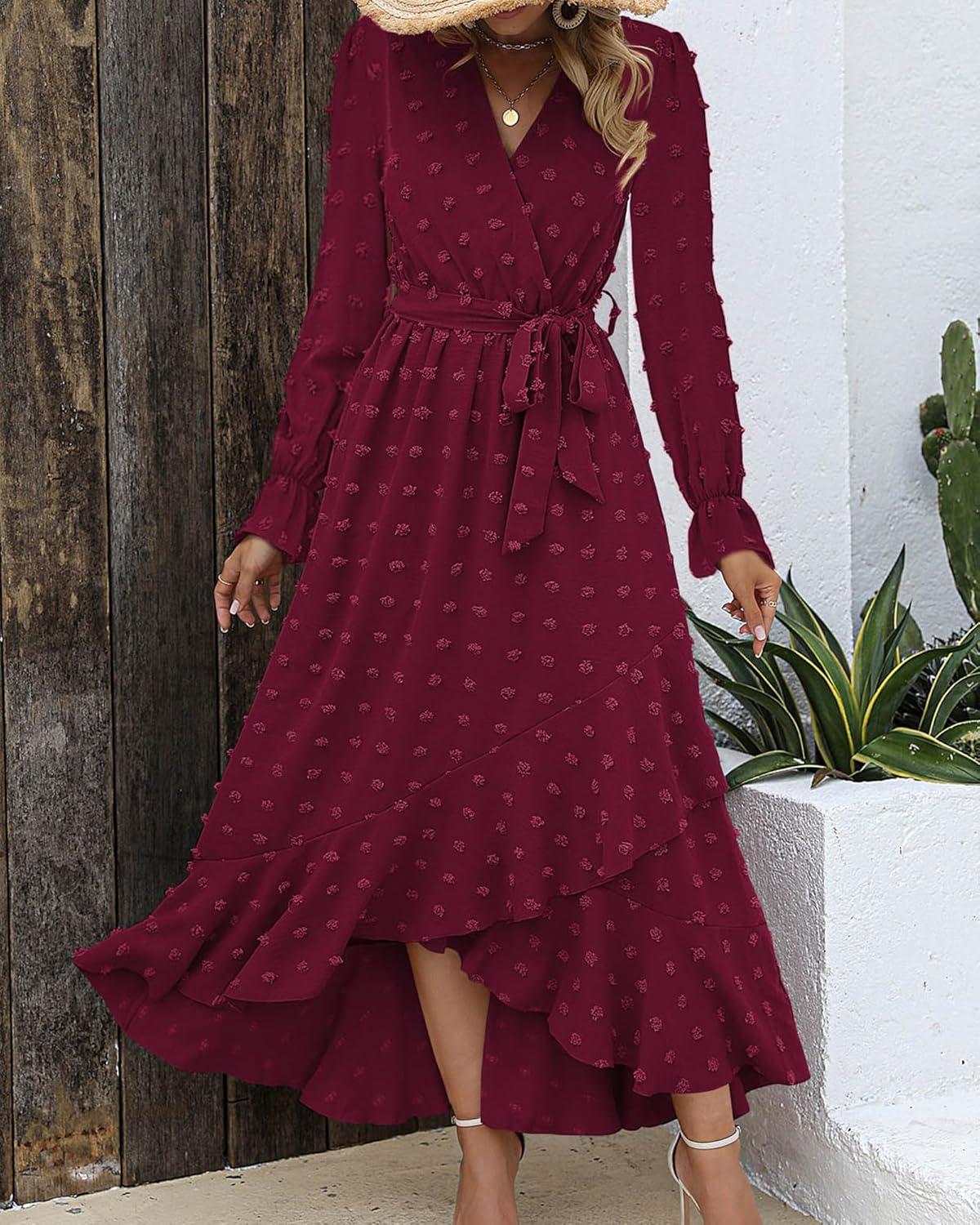 imageBTFBM Long Sleeve Maxi Dresses for Women V Neck Swiss Dot Boho Flowy Slit Cocktail Wedding Guest Dress Fall Clothes 2025Wine Red