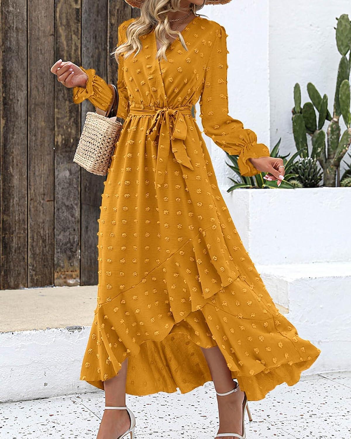 imageBTFBM Long Sleeve Maxi Dresses for Women V Neck Swiss Dot Boho Flowy Slit Cocktail Wedding Guest Dress Fall Clothes 2025Yellow
