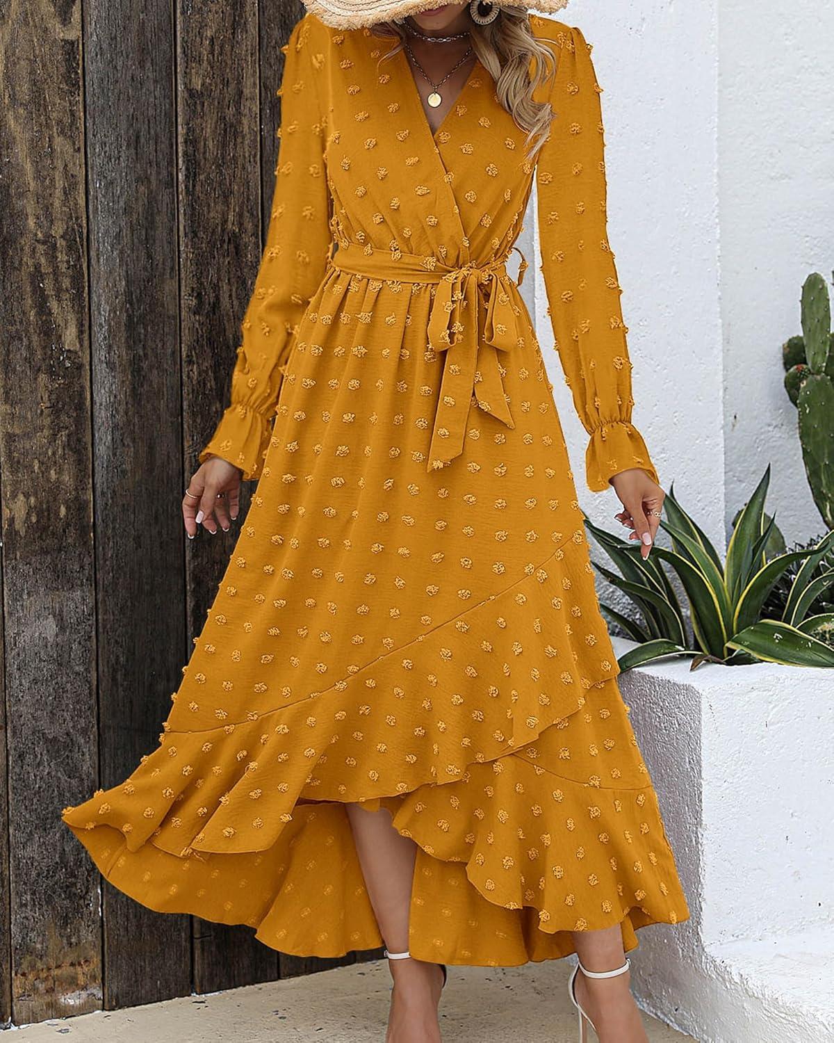 imageBTFBM Long Sleeve Maxi Dresses for Women V Neck Swiss Dot Boho Flowy Slit Cocktail Wedding Guest Dress Fall Clothes 2025Yellow