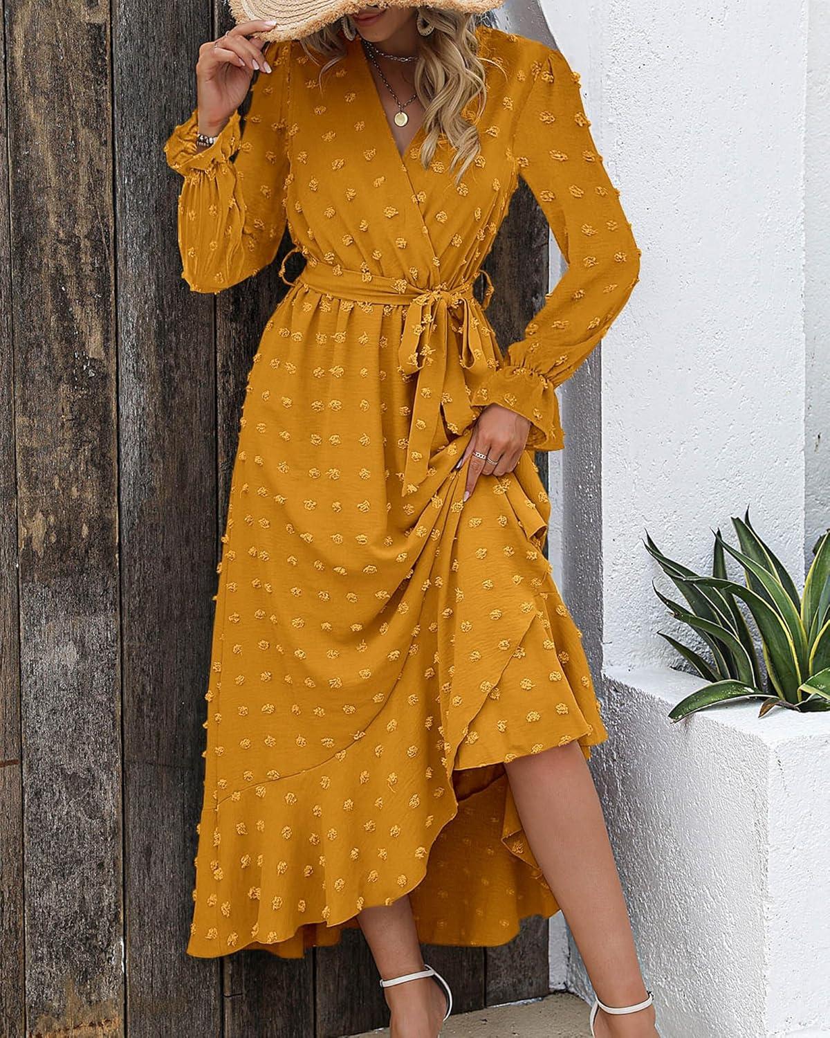 imageBTFBM Long Sleeve Maxi Dresses for Women V Neck Swiss Dot Boho Flowy Slit Cocktail Wedding Guest Dress Fall Clothes 2025Yellow