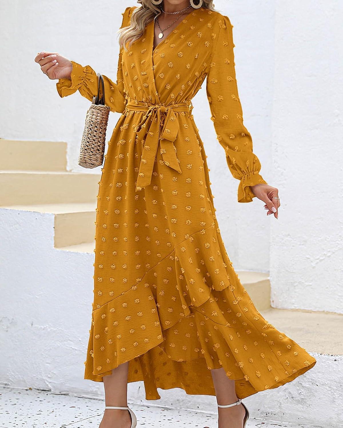 imageBTFBM Long Sleeve Maxi Dresses for Women V Neck Swiss Dot Boho Flowy Slit Cocktail Wedding Guest Dress Fall Clothes 2025Yellow