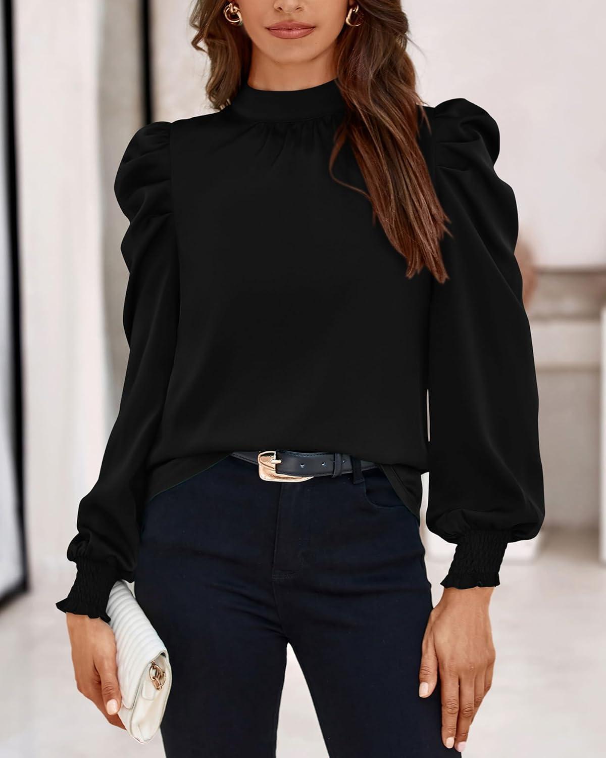 imageBTFBM Mock Neck Long Sleeve Blouses for Women Dressy Casual Business Work Shirts 2025 Spring Fall Clothes Satin TopsBlack
