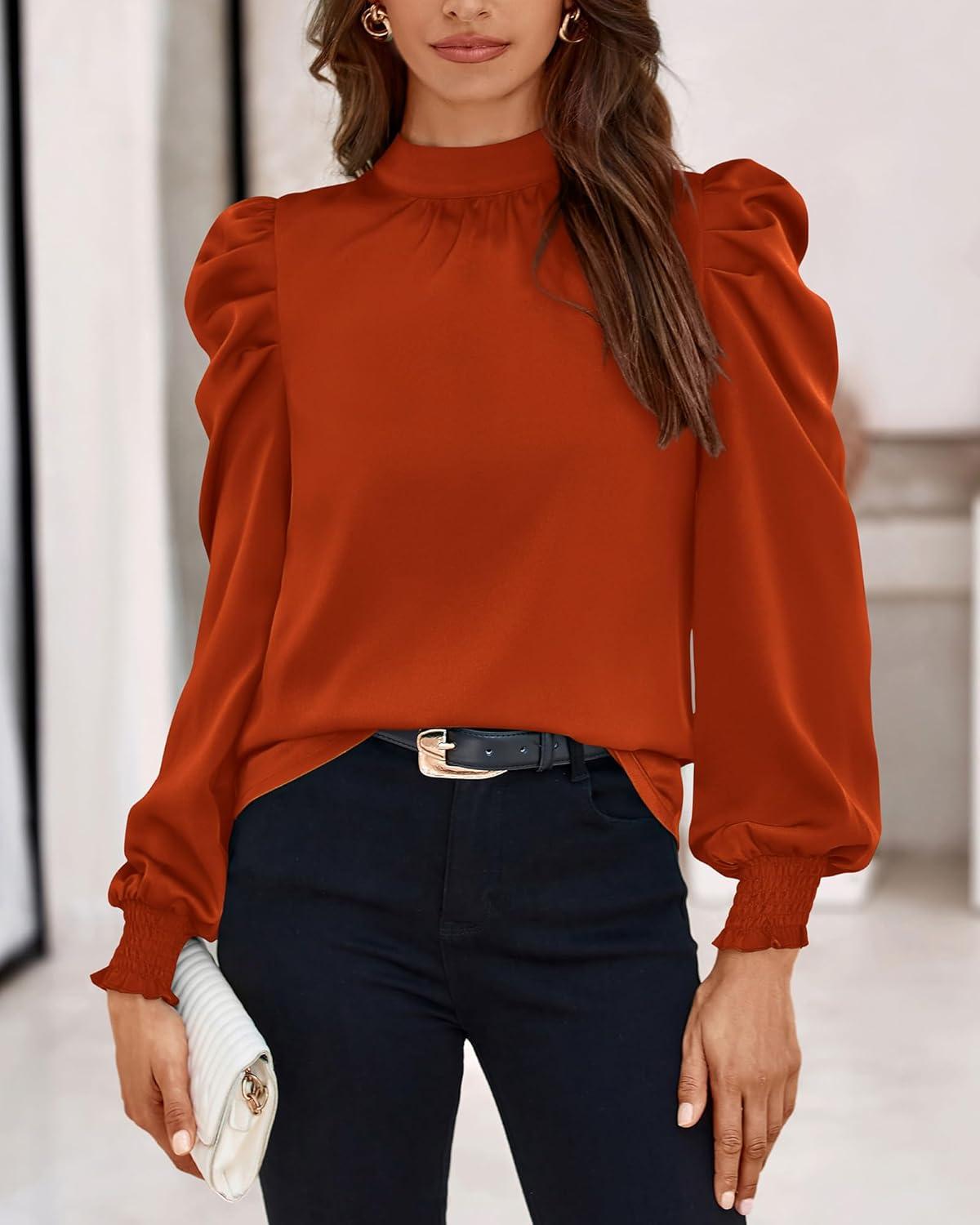 imageBTFBM Mock Neck Long Sleeve Blouses for Women Dressy Casual Business Work Shirts 2025 Spring Fall Clothes Satin TopsBrick Red