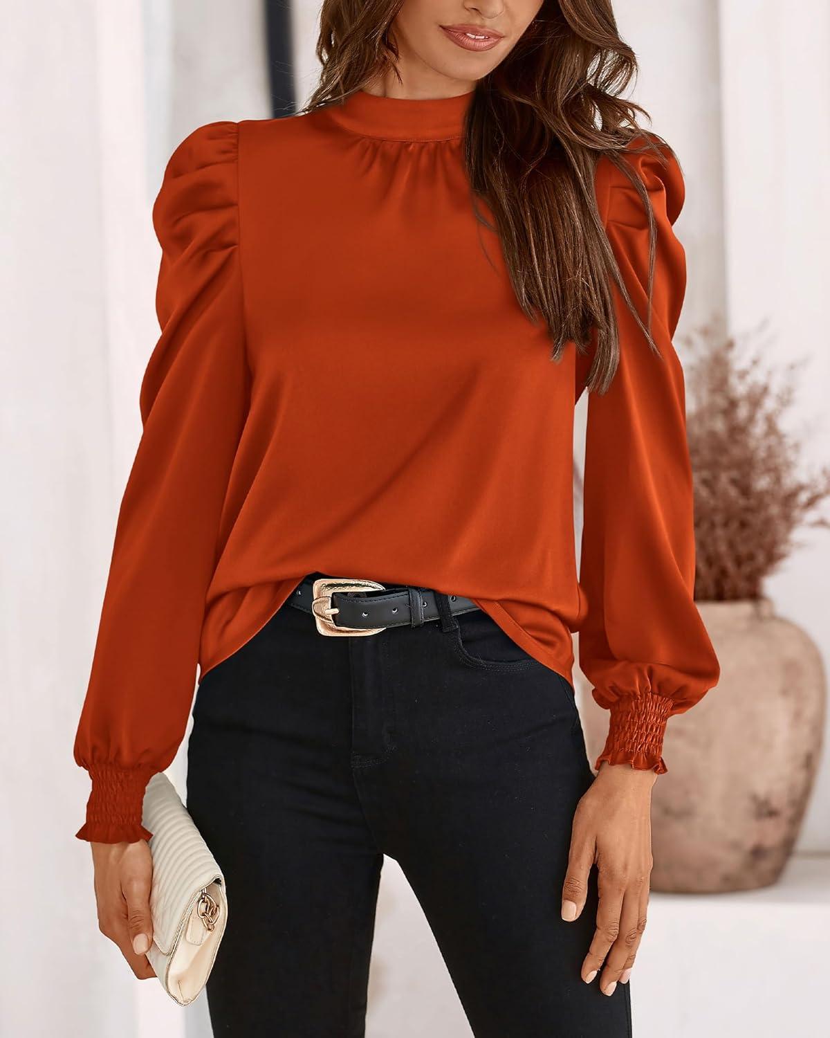 imageBTFBM Mock Neck Long Sleeve Blouses for Women Dressy Casual Business Work Shirts 2025 Spring Fall Clothes Satin TopsBrick Red