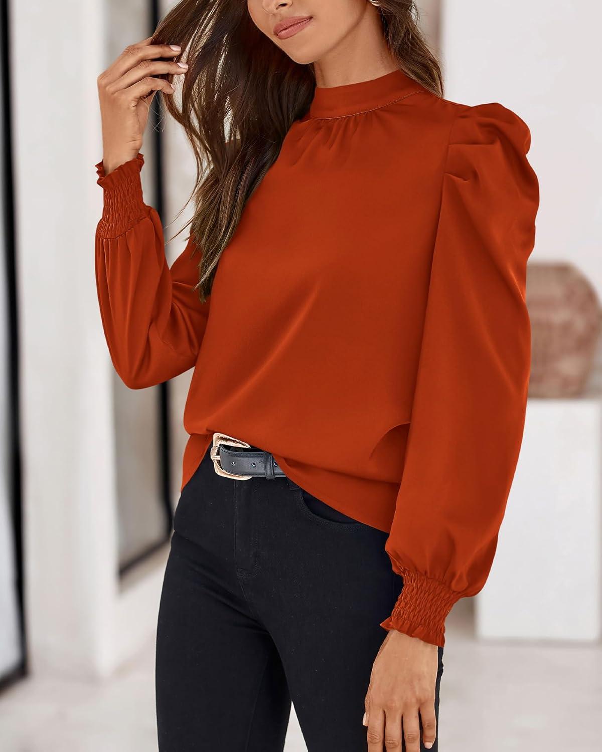 imageBTFBM Mock Neck Long Sleeve Blouses for Women Dressy Casual Business Work Shirts 2025 Spring Fall Clothes Satin TopsBrick Red