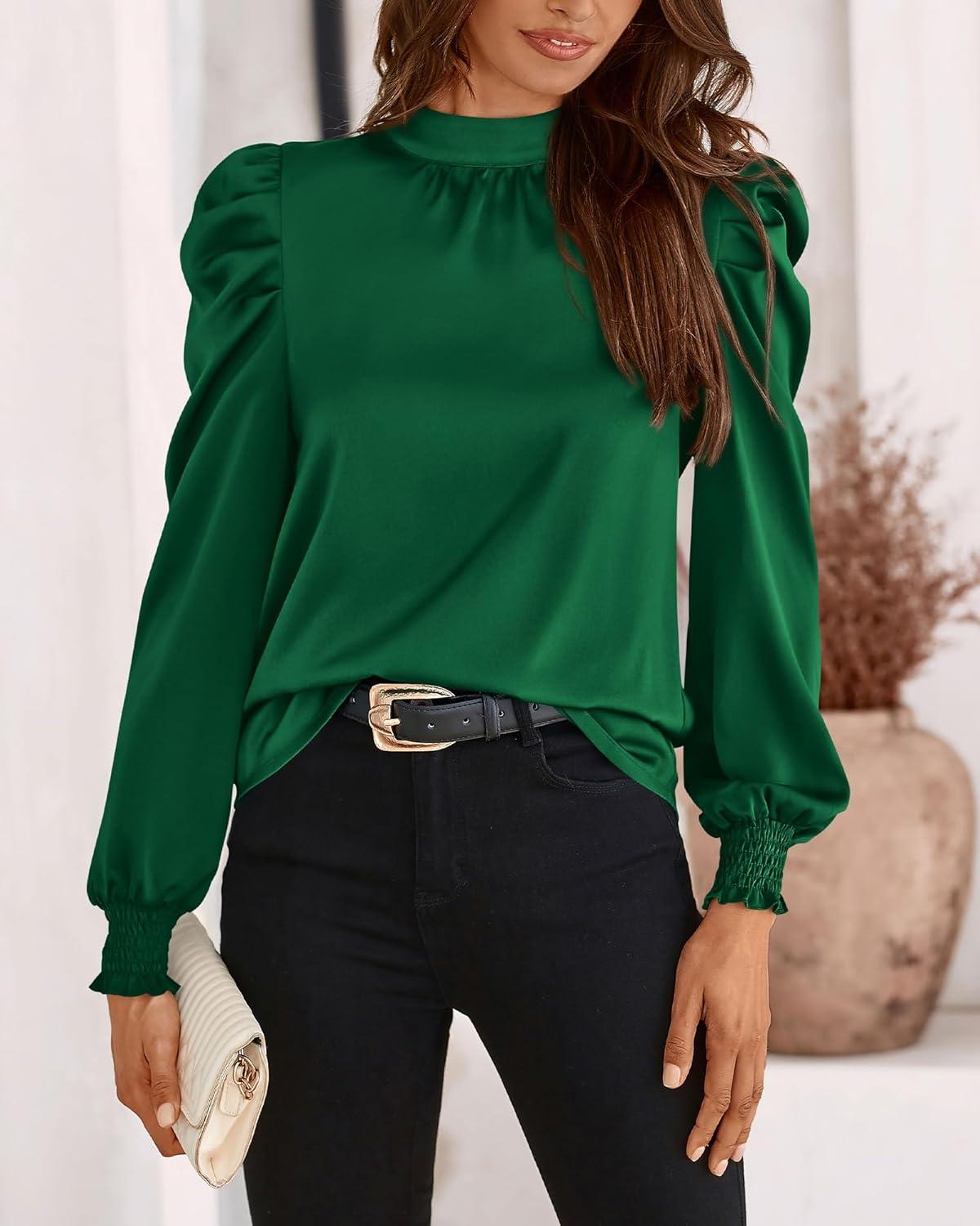 imageBTFBM Mock Neck Long Sleeve Blouses for Women Dressy Casual Business Work Shirts 2025 Spring Fall Clothes Satin TopsDark Green