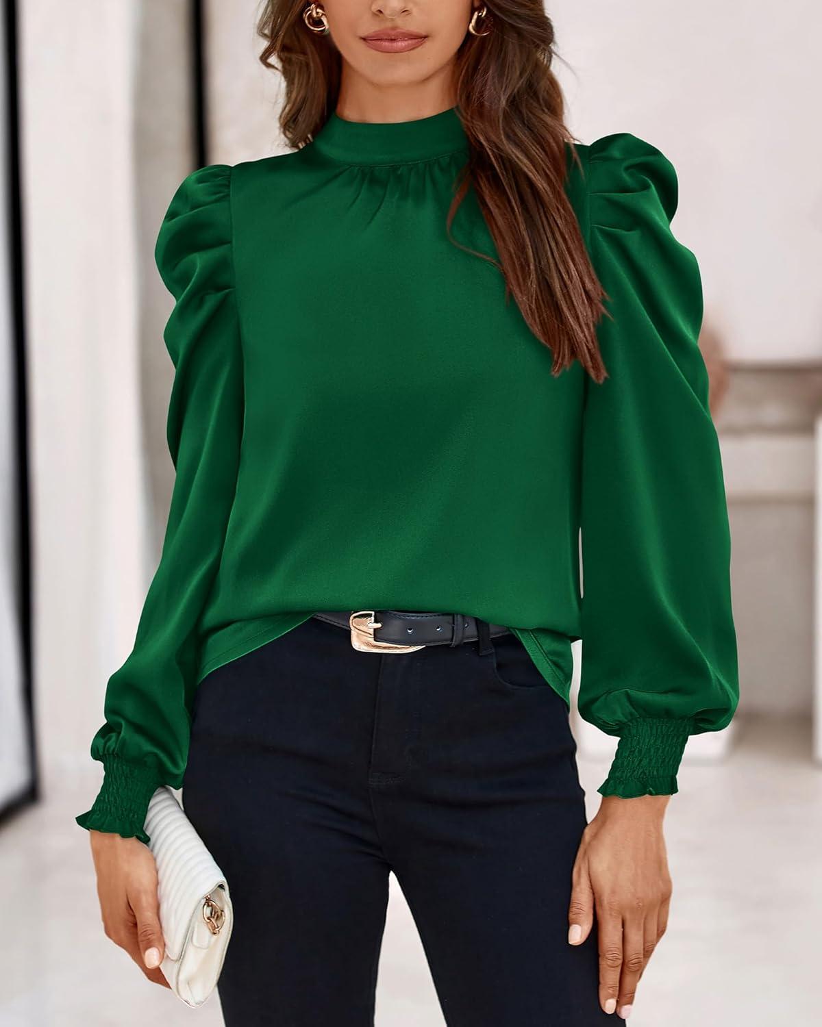 imageBTFBM Mock Neck Long Sleeve Blouses for Women Dressy Casual Business Work Shirts 2025 Spring Fall Clothes Satin TopsDark Green