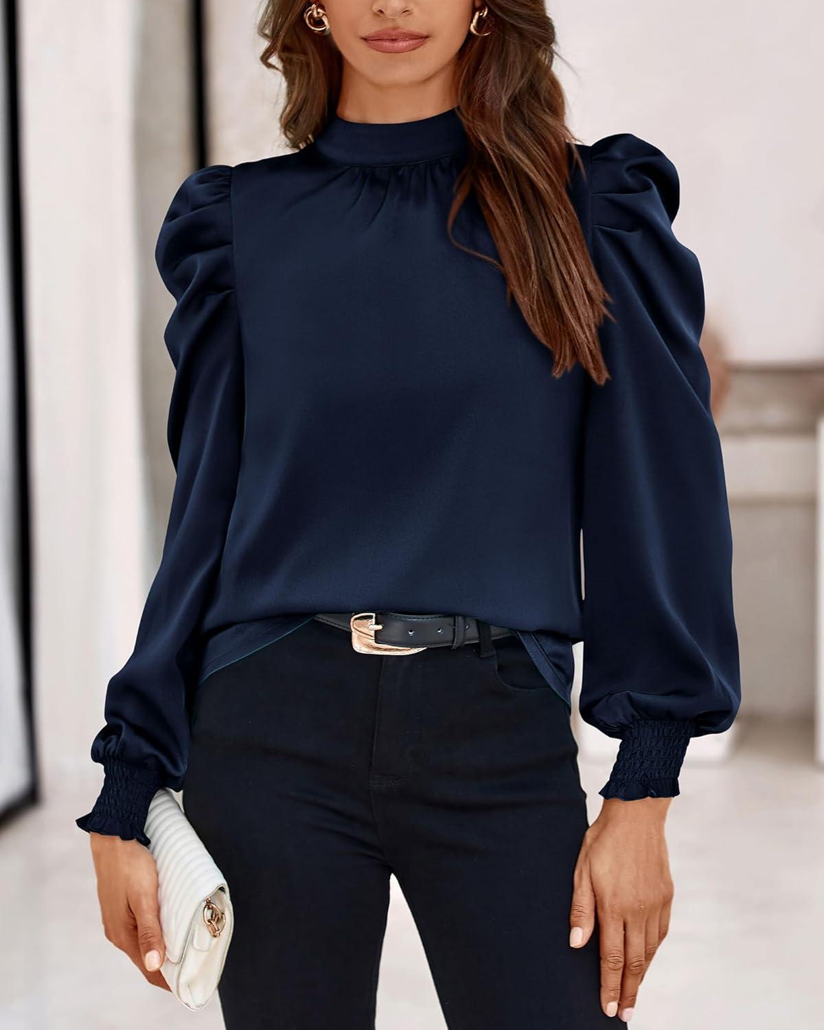 imageBTFBM Mock Neck Long Sleeve Blouses for Women Dressy Casual Business Work Shirts 2025 Spring Fall Clothes Satin TopsNavy