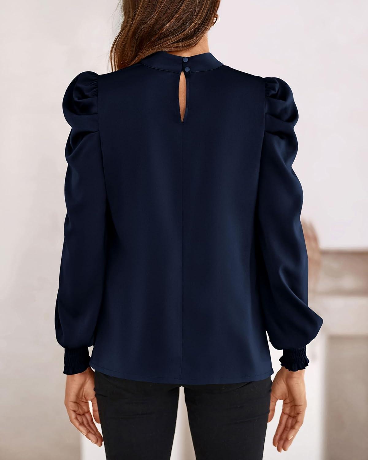 imageBTFBM Mock Neck Long Sleeve Blouses for Women Dressy Casual Business Work Shirts 2025 Spring Fall Clothes Satin TopsNavy