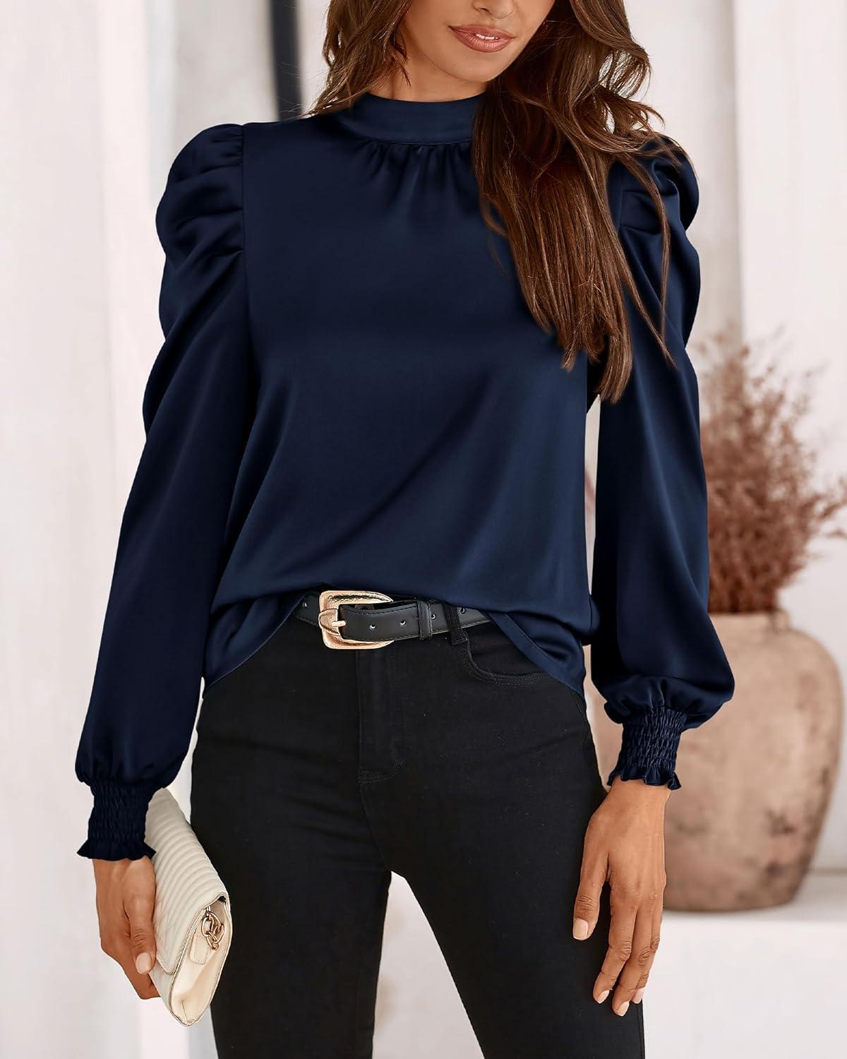 imageBTFBM Mock Neck Long Sleeve Blouses for Women Dressy Casual Business Work Shirts 2025 Spring Fall Clothes Satin TopsNavy