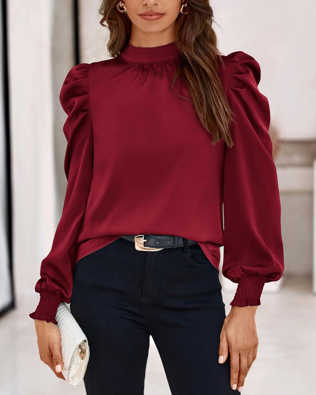 imageBTFBM Mock Neck Long Sleeve Blouses for Women Dressy Casual Business Work Shirts 2025 Spring Fall Clothes Satin TopsWine Red