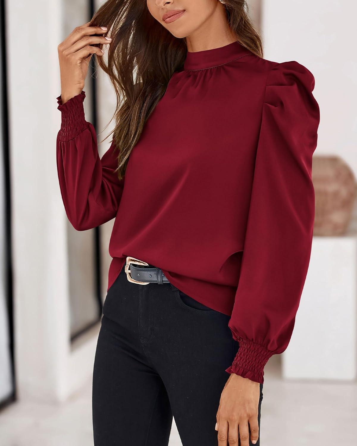 imageBTFBM Mock Neck Long Sleeve Blouses for Women Dressy Casual Business Work Shirts 2025 Spring Fall Clothes Satin TopsWine Red