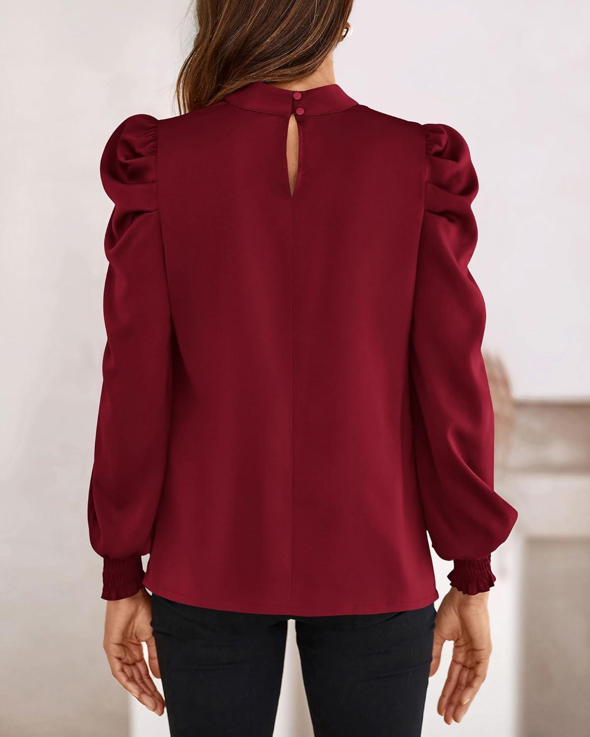 imageBTFBM Mock Neck Long Sleeve Blouses for Women Dressy Casual Business Work Shirts 2025 Spring Fall Clothes Satin TopsWine Red
