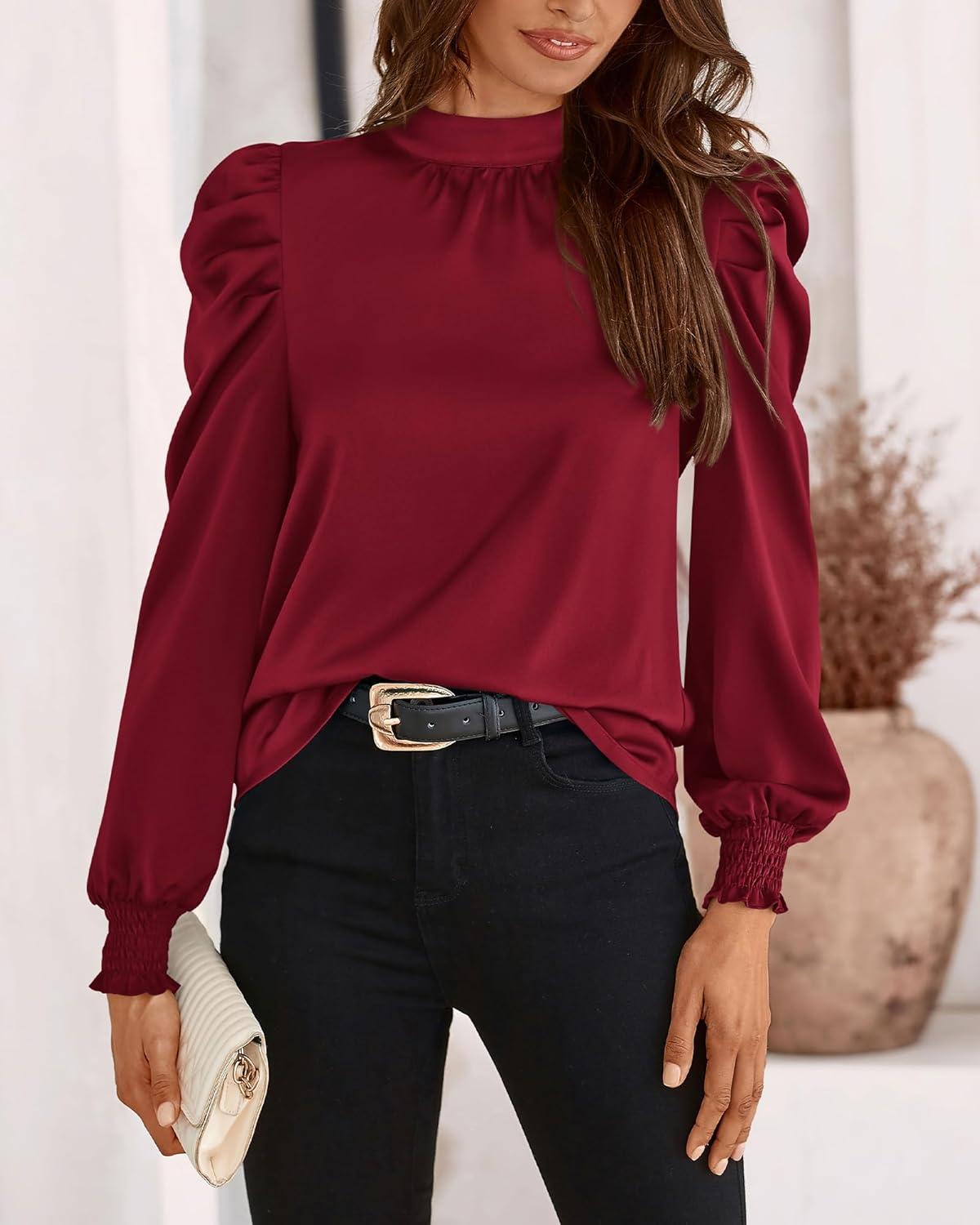 imageBTFBM Mock Neck Long Sleeve Blouses for Women Dressy Casual Business Work Shirts 2025 Spring Fall Clothes Satin TopsWine Red