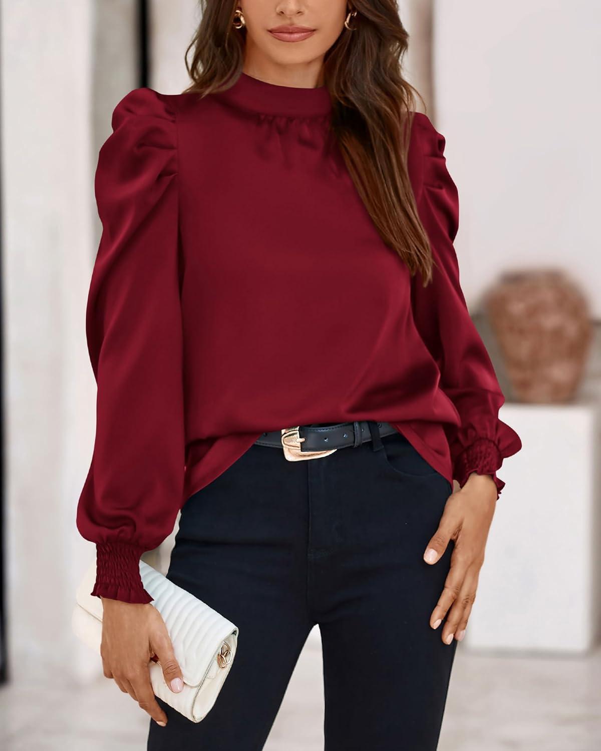 imageBTFBM Mock Neck Long Sleeve Blouses for Women Dressy Casual Business Work Shirts 2025 Spring Fall Clothes Satin TopsWine Red