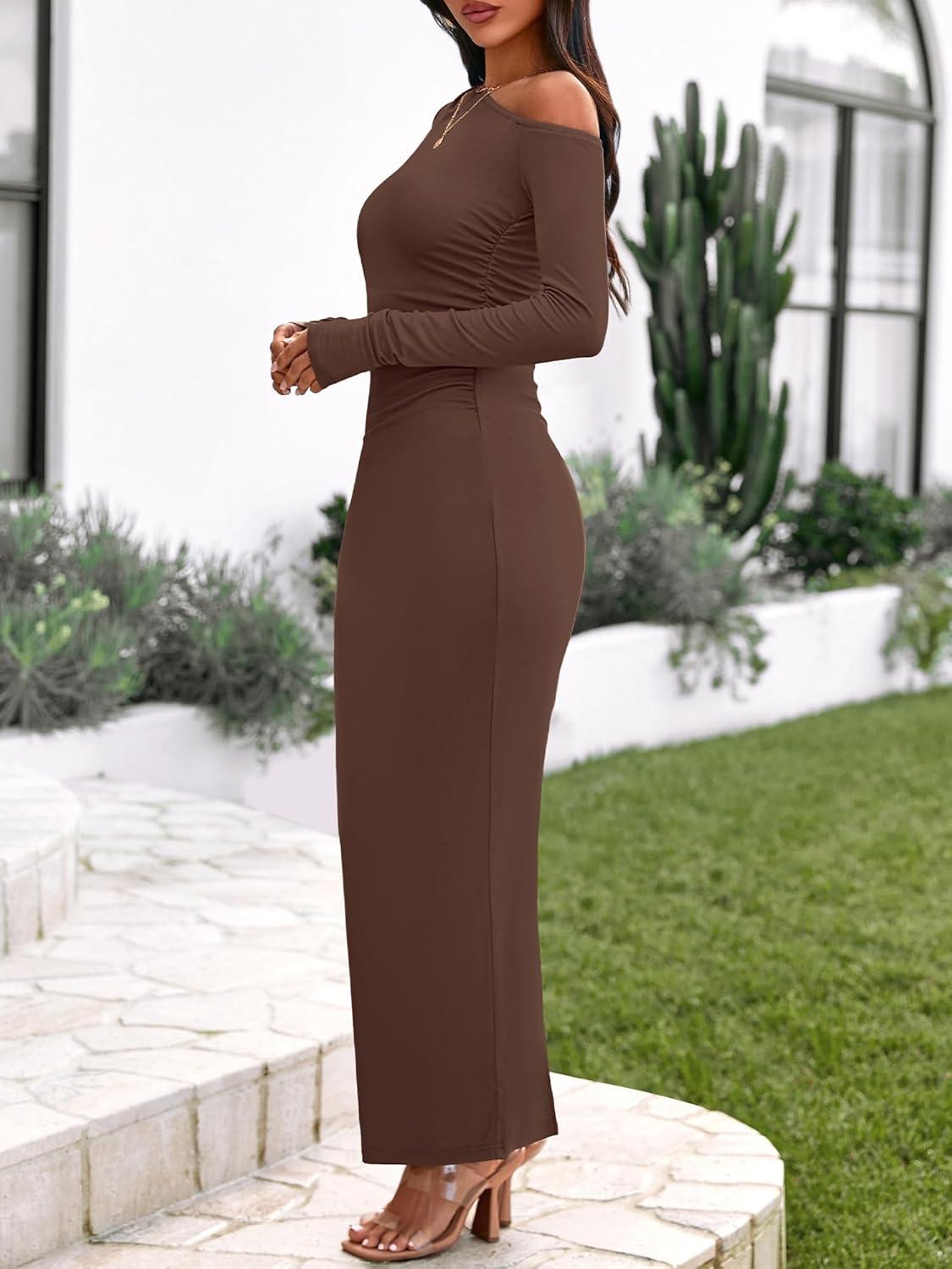 imageBTFBM One Shoulder Long Sleeve Dress for Women 2025 Bodycon Ruched Night Out Formal Maxi Fall Wedding Guest DressesBrown