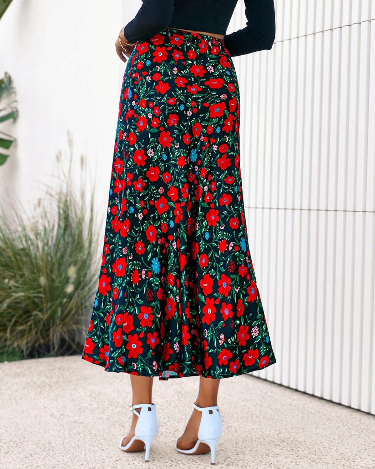 imageBTFBM Satin Skirts for Women 2025 Fall High Waisted ALine Leopard Print Cocktail Wedding Long Silk Summer Midi SkirtFloral Black Red