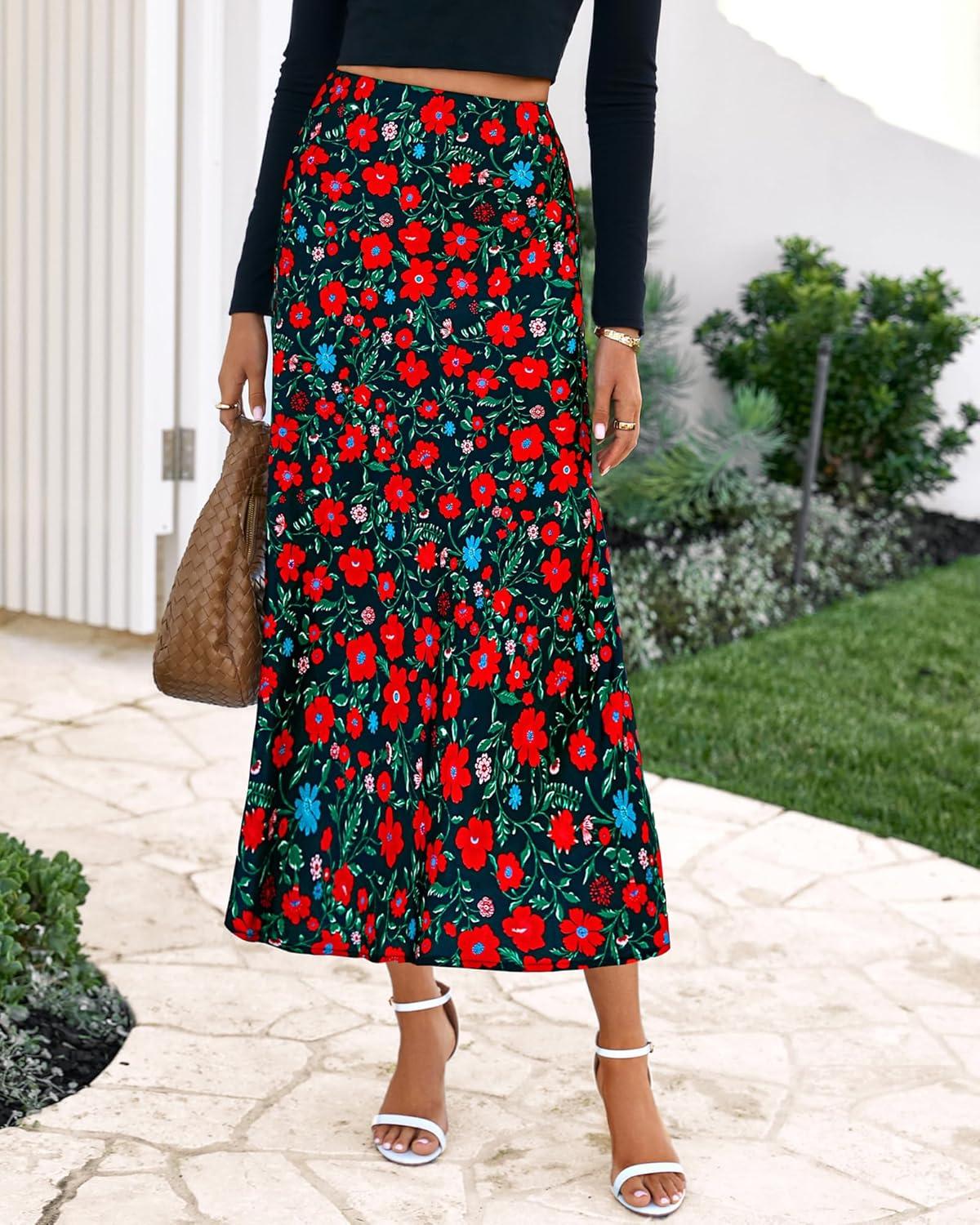 imageBTFBM Satin Skirts for Women 2025 Fall High Waisted ALine Leopard Print Cocktail Wedding Long Silk Summer Midi SkirtFloral Black Red