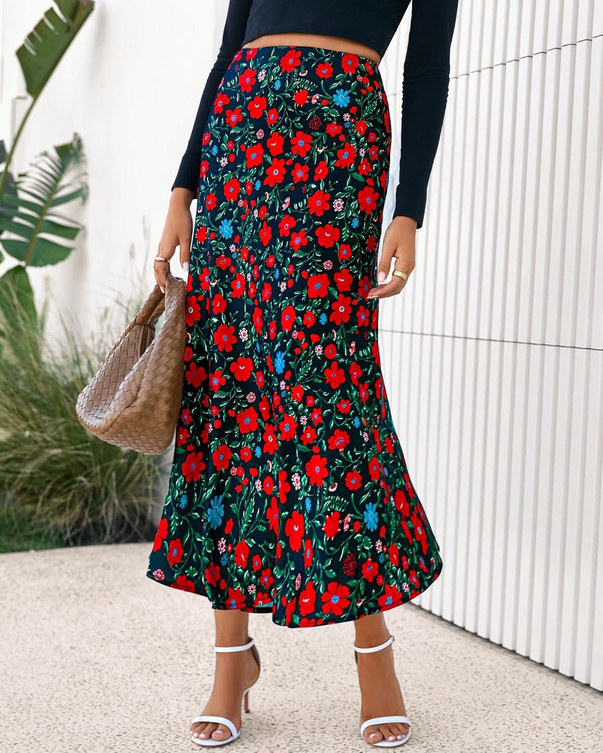 imageBTFBM Satin Skirts for Women 2025 Fall High Waisted ALine Leopard Print Cocktail Wedding Long Silk Summer Midi SkirtFloral Black Red